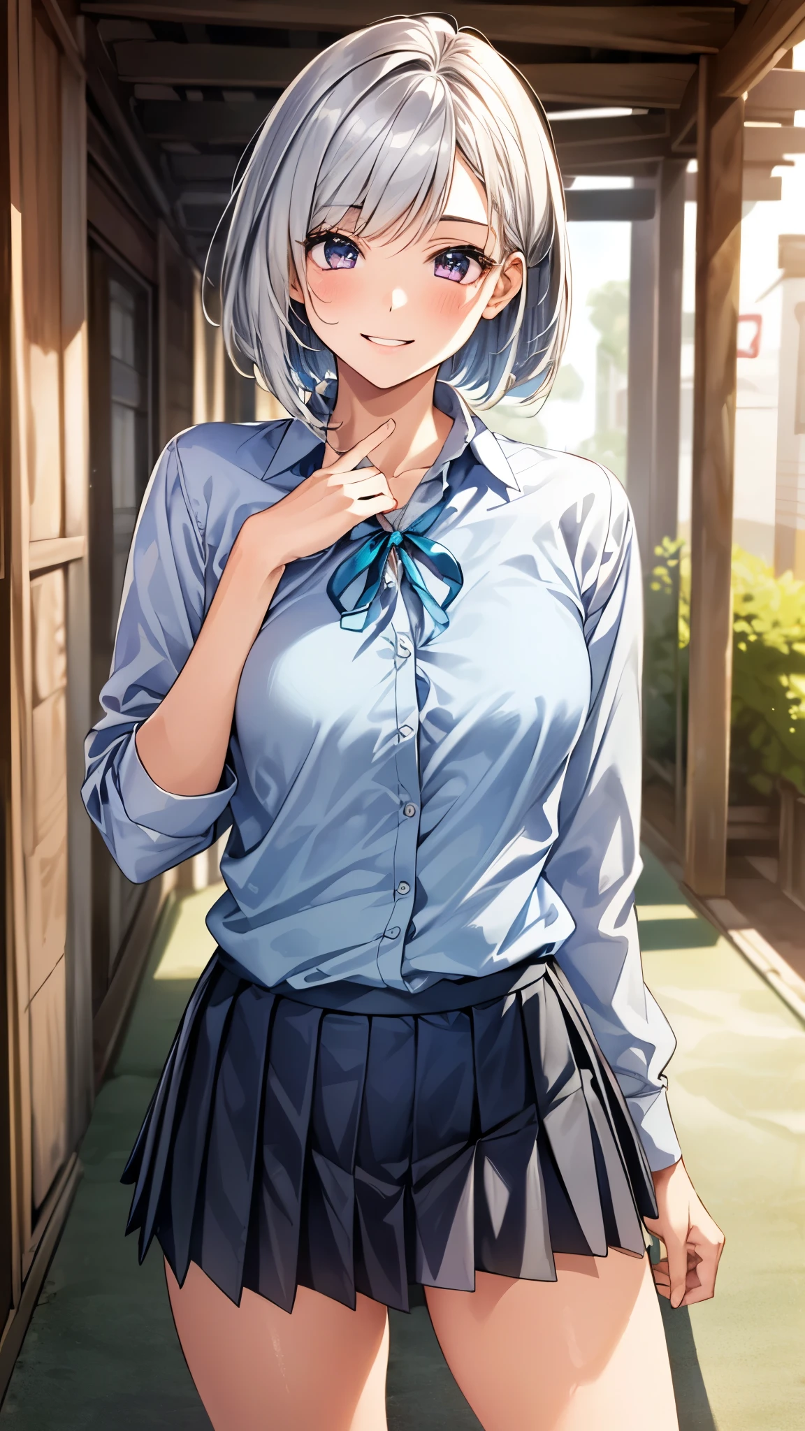 (masterpiece:1.3, top-quality), ultra high res, ultra detailed, (realistic, photorealistic:1.4), beautiful illustration, perfect lighting, colorful, depth of fields, 
looking at viewer, full body, 1 girl, japanese, high school girl, perfect face, (perfect anatomy, anatomically correct), cute and symmetrical face, babyface, suntan, shiny skin, 
(short hair:1.2, bob cut:1.2, silver hair), crossed bangs, purple eyes, long eye lasher, (medium breasts), slender, 
beautiful hair, beautiful face, beautiful detailed eyes, beautiful clavicle, beautiful body, beautiful chest, beautiful thigh, beautiful legs, beautiful fingers, 
((aquamarine cardigan, collared long sleeve white shirt, slategray pleated skirt, navy neck ribbon)), 
(beautiful scenery), evening, (school hallway), wariza, (lovely smile, upper eyes), 