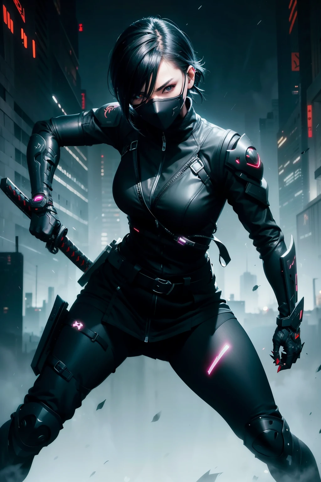 Waist up cyberpunk ninja girl (black short hair) (masterpiece) wearing a mask with design skull, best quality, sharp focus, moving pose, holding katana, best quality, perfect face, holding katana, glowing 