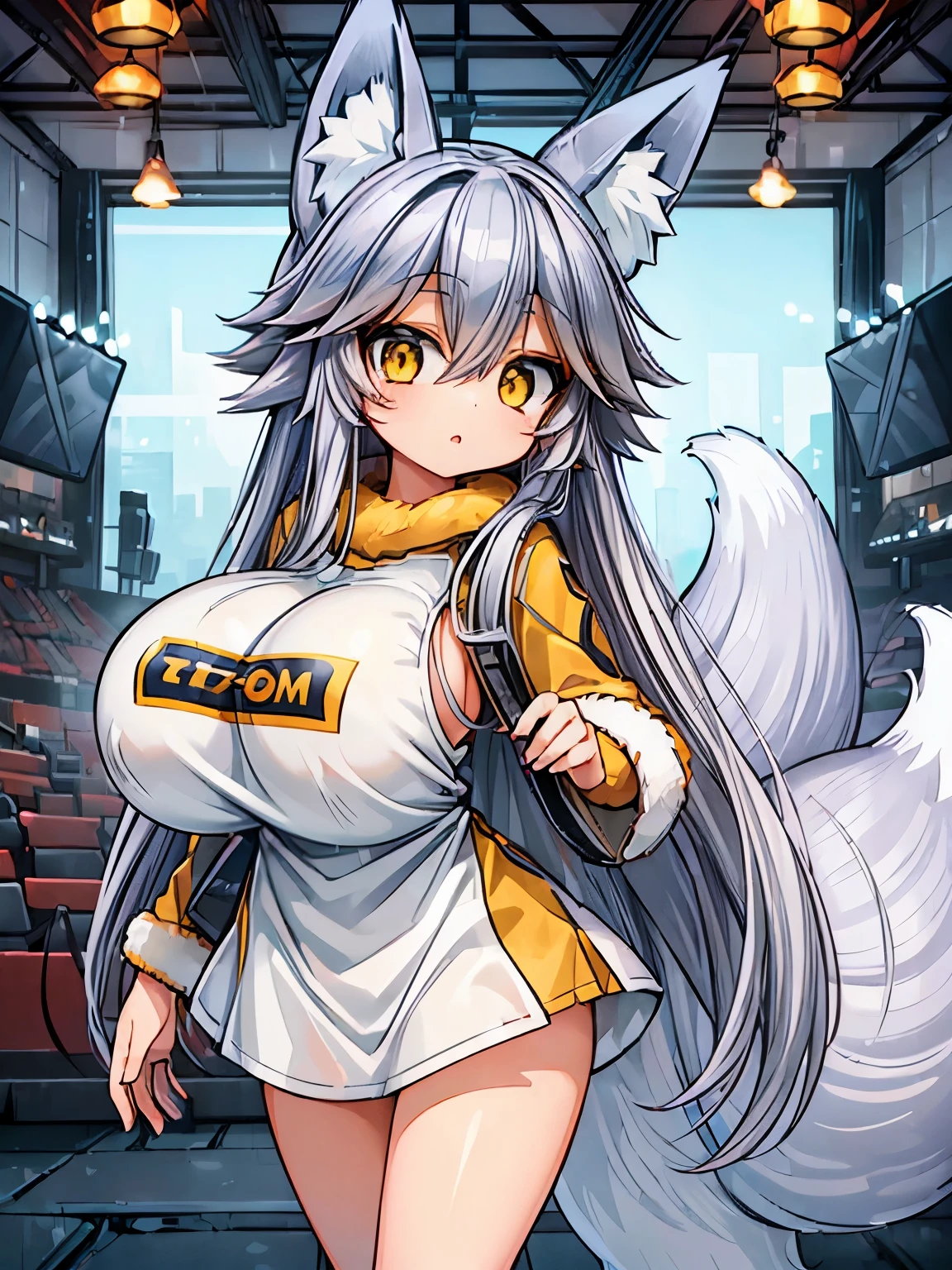 (fox kemono young girl:1.5), (silver long hair yellow eyes:1.1), (soccer:1.1), (huge tits:1.2), (solo:1.2)