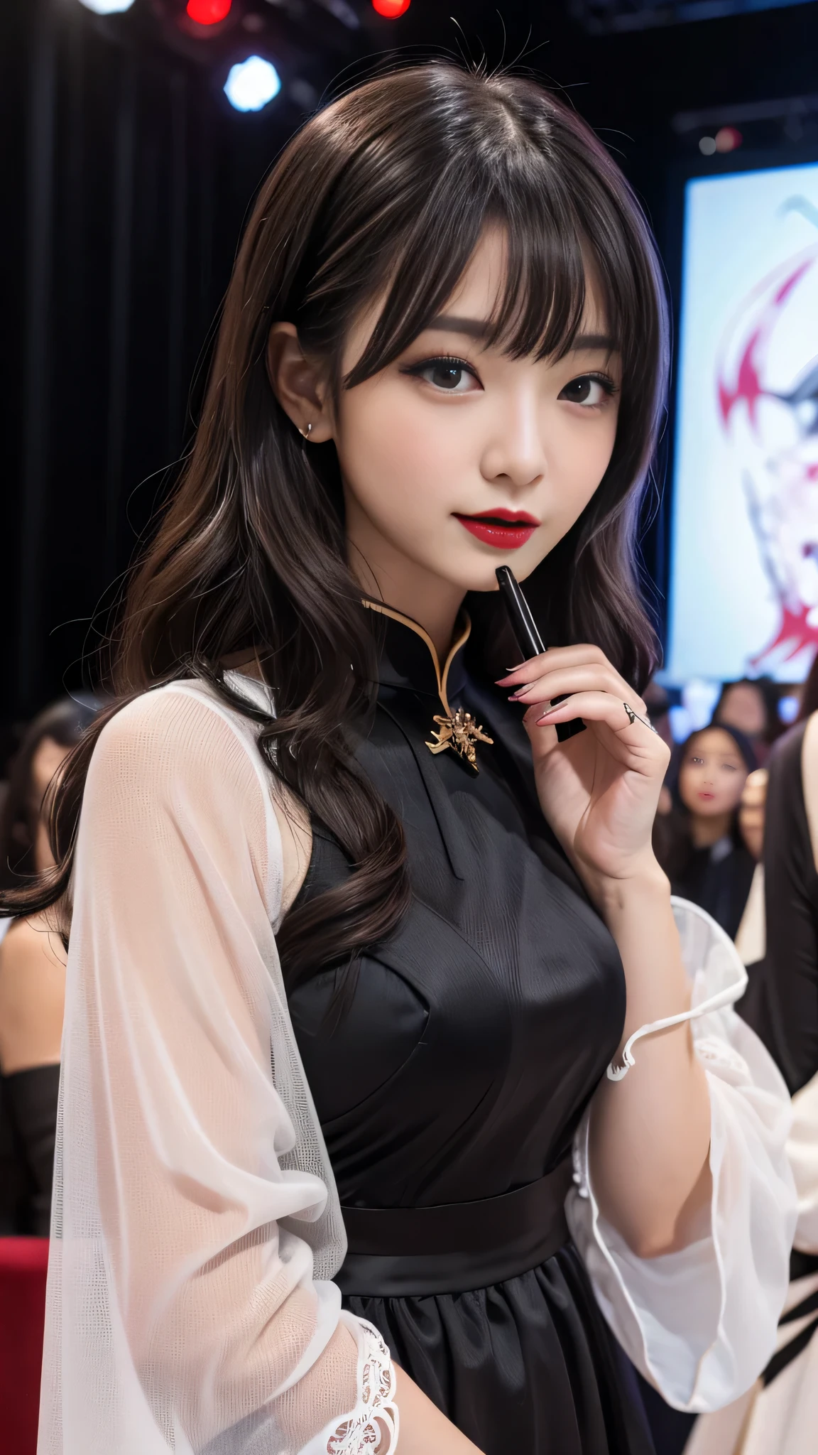 Super detailed、Japanese、charming beauty、seductive adult woman、Beautiful woman、sharp eyes、cool girl、wavy hair、flowing bangs、long black cheongsam、wide sleeve、evilの幹部、evil depravity、brainwashing、Mind control、apply lipstick、grin、evilな表情、evil、empty eyes、evil、stage、vampire、vampire、Hypnosia makeup brush