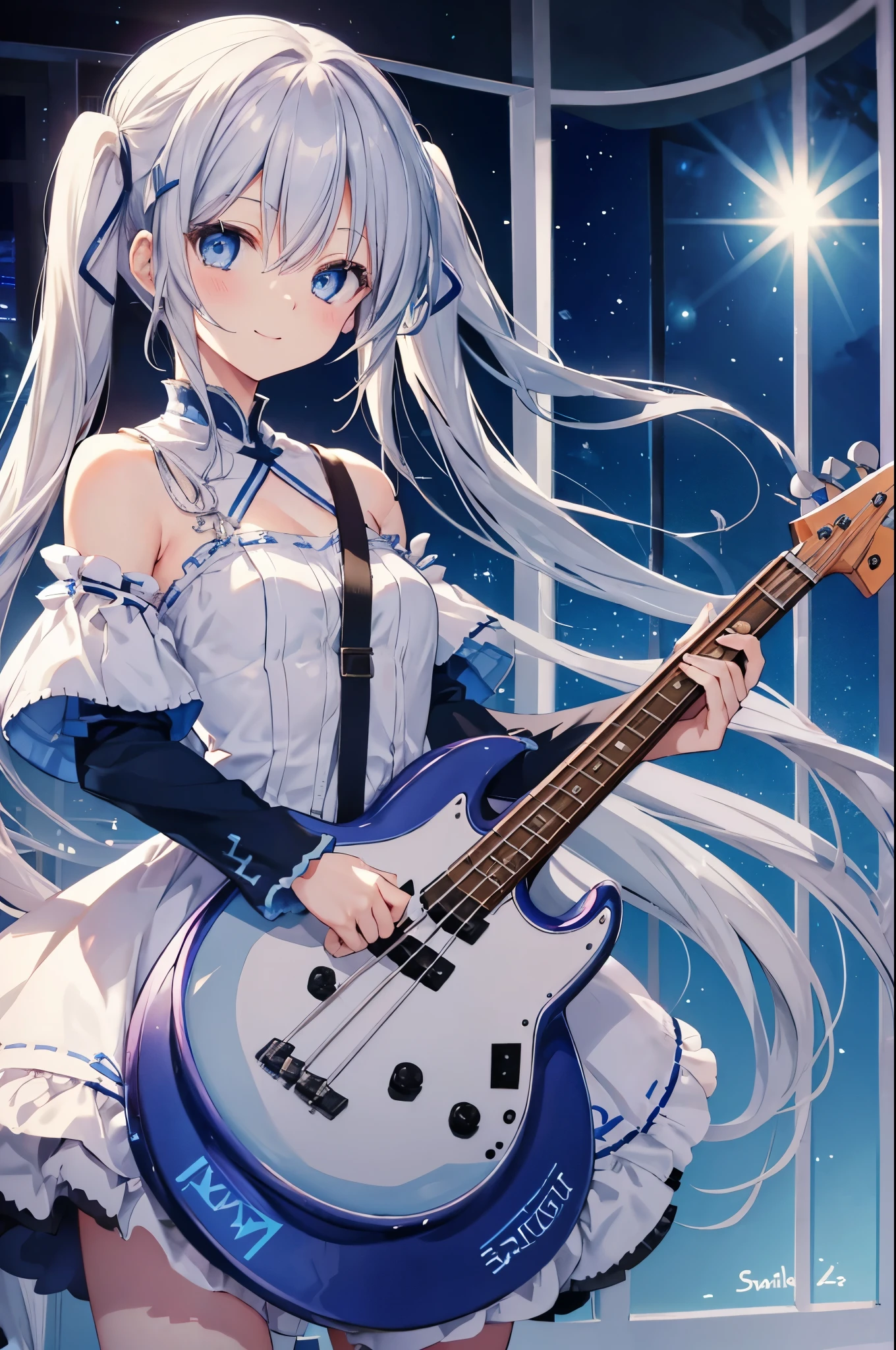 Silver-haired blue eyes、 girl、small breasts、twin tails、cute clothes、smile、playing the bass