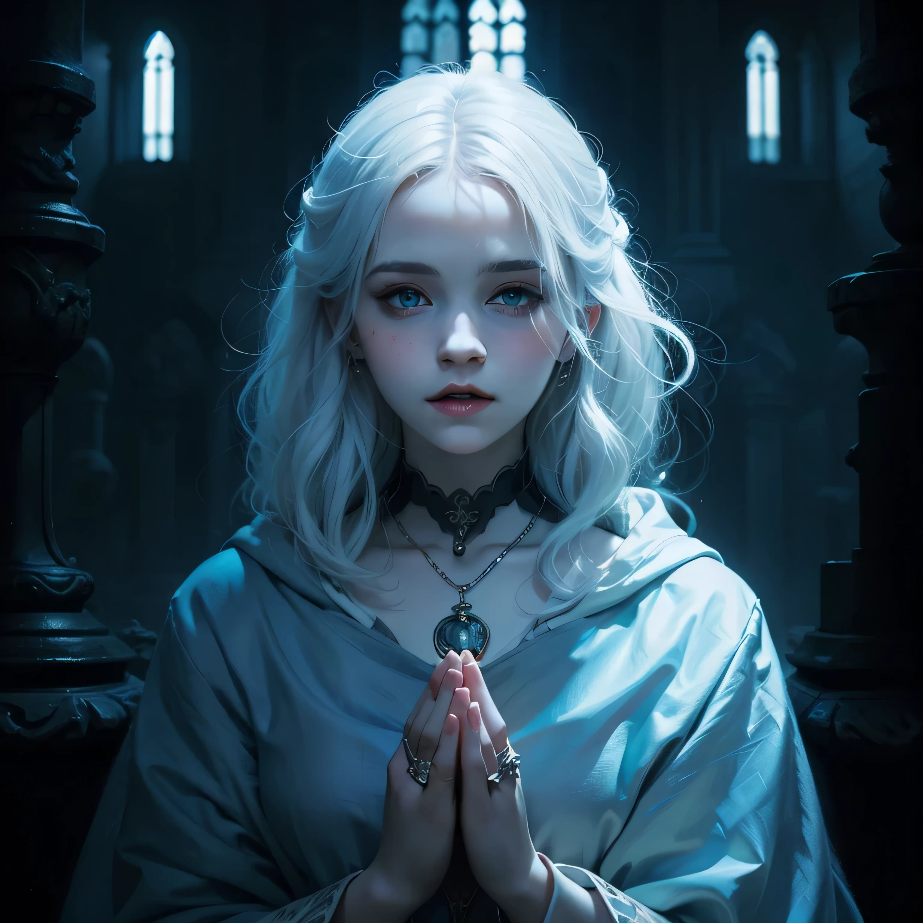woman with white hair and blue eyes prays, неоарткор и Charlie Bowater, Charlie Bowater: character art, dark fantasy art, Gothic fantasy art, Karol Buck from Emma Watson, a nun, elegant cinematic fantasy art, 4K fantasy art, Charlie Bowater: art style, work in Guweiz style, art style фэнтези, dark fantasy art