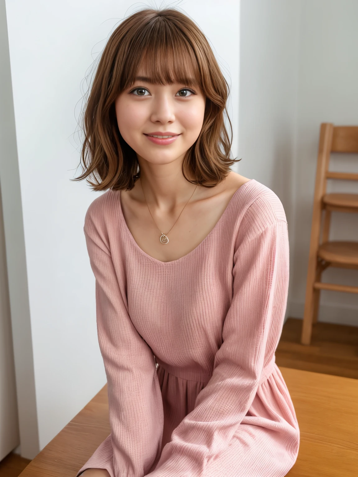 table top、light pink long sleeve dress、Photographed in natural light、(8k、RAW photo、highest quality、masterpiece:1.2)、High-definition RAW color photo、professional photos、(realistic、photo realistic:1.37)、1 girl、laughter、white wall、Taken in front of the white door、(窓のあるwhite wallの部屋)、Various poses、simple necklace、spring clothes、don't look at the camera、dark brown hair color、bob、profile、Landscape、shot from above、Eye color is dark brown、short hair