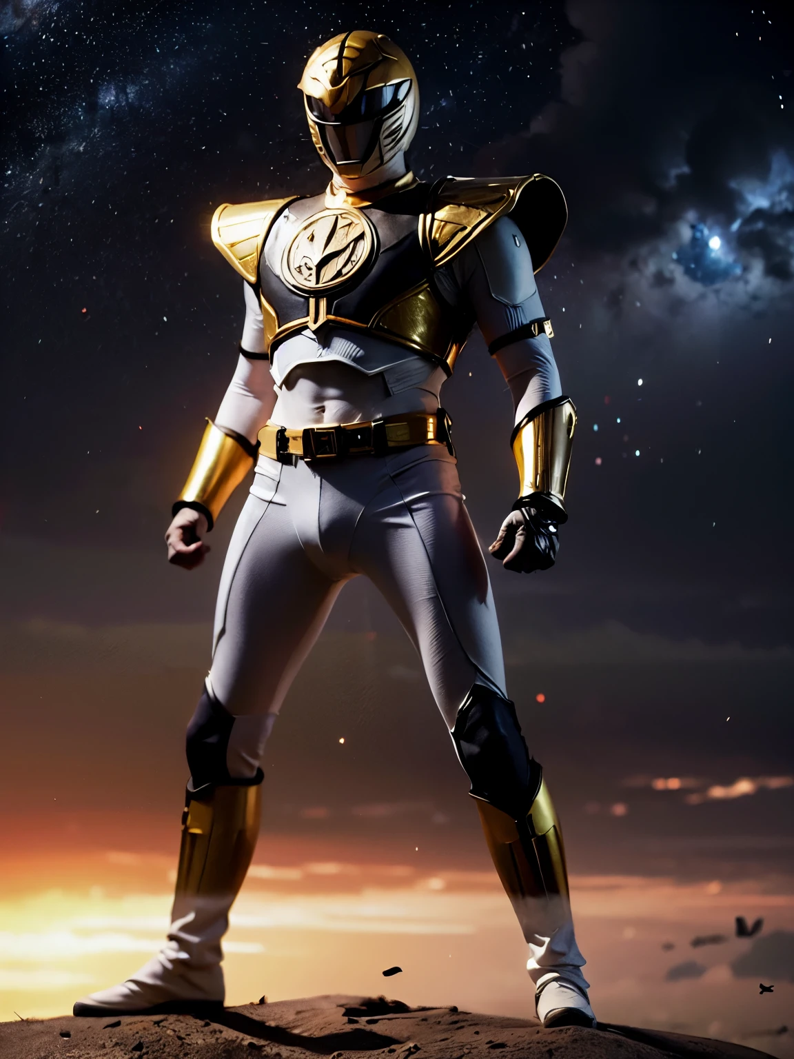 ((obra de arte,melhor qualidade)), absurdos, branco_guarda-florestal, full body, stand pose,  Sozinho, black breastplate, Tokusatsu, capacete e armadura detalhados, Stars and space in the background, film composition, Dynamic Pose,