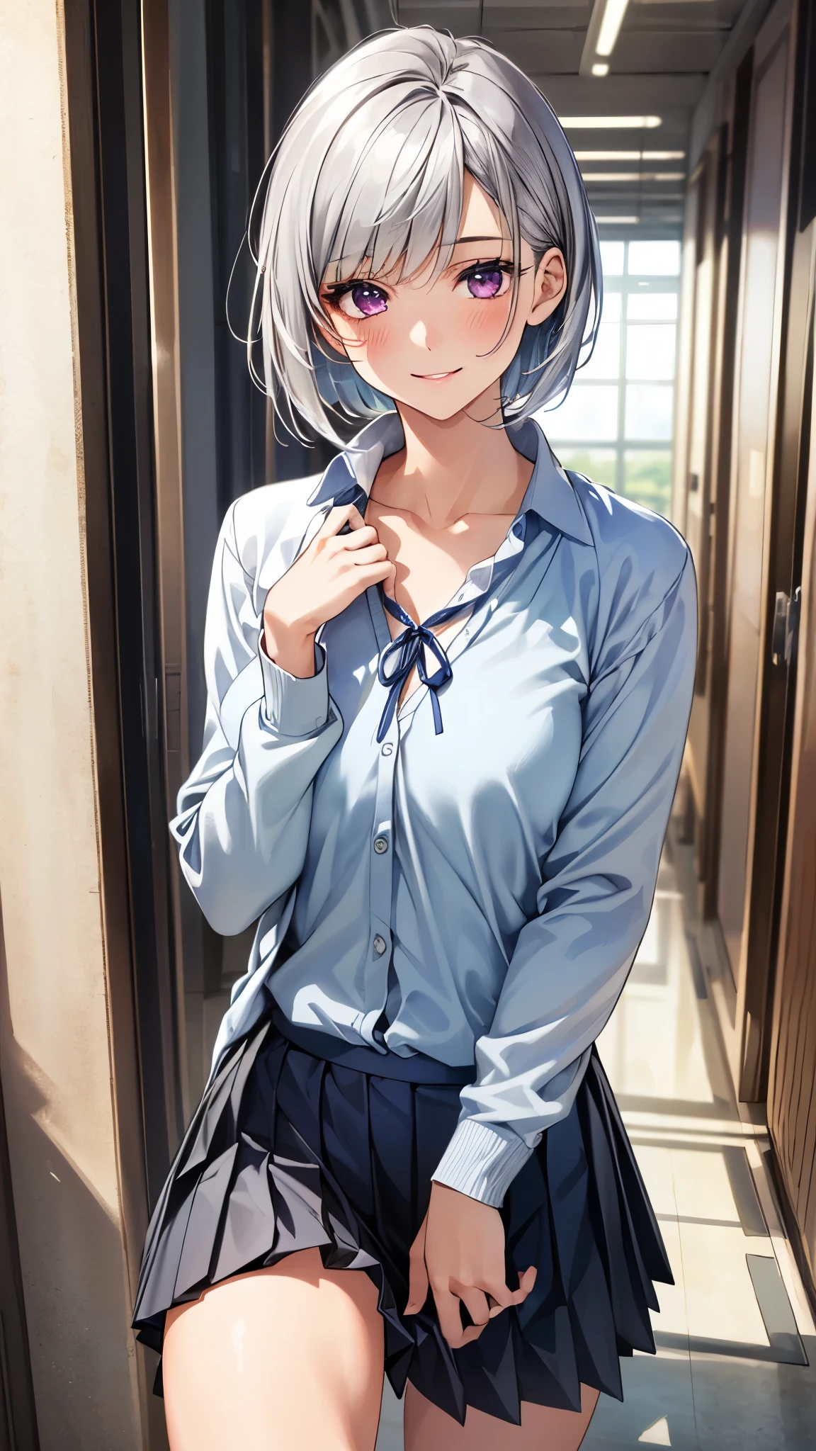 (masterpiece:1.3, top-quality), ultra high res, ultra detailed, (realistic, photorealistic:1.4), beautiful illustration, perfect lighting, colorful, depth of fields,
looking at viewer, full body, 1 girl, , high school girl, perfect face, (perfect anatomy, anatomically correct), cute and symmetrical face, face, suntan, shiny skin,
(short hair:1.2, bob cut:1.2, silver hair), crossed bangs, purple eyes, long eye lasher, (medium breasts), slender,
beautiful hair, beautiful face, beautiful detailed eyes, beautiful clavicle, beautiful body, beautiful chest, beautiful thigh, beautiful legs, beautiful fingers,
((aquamarine cardigan, collared long sleeve white shirt, slategray pleated skirt, navy neck ribbon)), short socks,
(beautiful scenery), evening, (school hallway), wariza, (lovely smile, upper eyes),