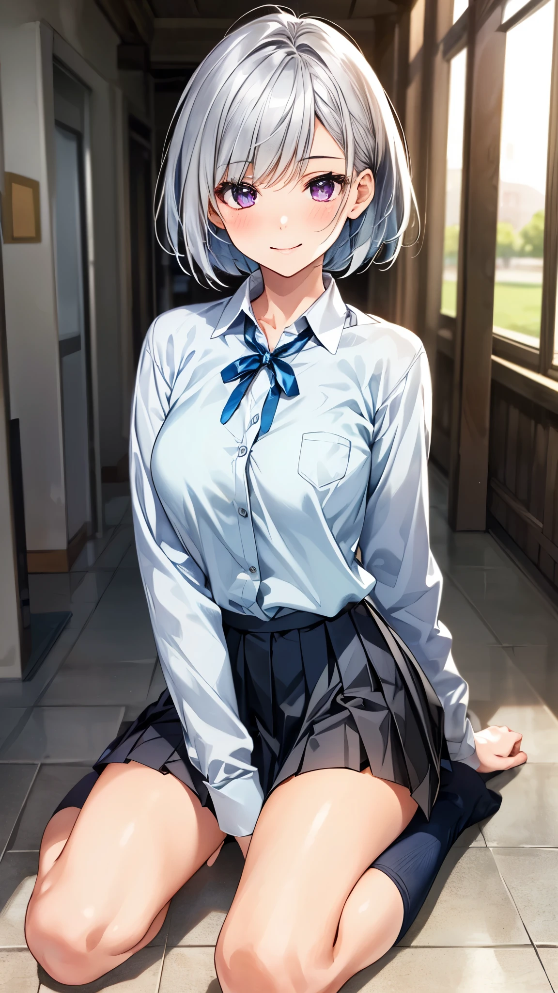 (masterpiece:1.3, top-quality), ultra high res, ultra detailed, (realistic, photorealistic:1.4), beautiful illustration, perfect lighting, colorful, depth of fields, 
looking at viewer, full body, 1 girl, , high school girl, perfect face, (perfect ???????, anatomically correct), cute and symmetrical face, babyface, suntan, shiny skin, 
(short hair:1.2, bob cut:1.2, silver hair), crossed bangs, purple eyes, long eye lasher, (medium breasts), slender, 
beautiful hair, beautiful face, beautiful detailed eyes, beautiful clavicle, beautiful body, beautiful chest, beautiful thigh, beautiful legs, beautiful fingers, 
((aquamarine cardigan, collared long sleeve white shirt, slategray pleated skirt, navy neck ribbon)), short socks, 
(beautiful scenery), evening, (school hallway), wariza, (lovely smile, upper eyes), 