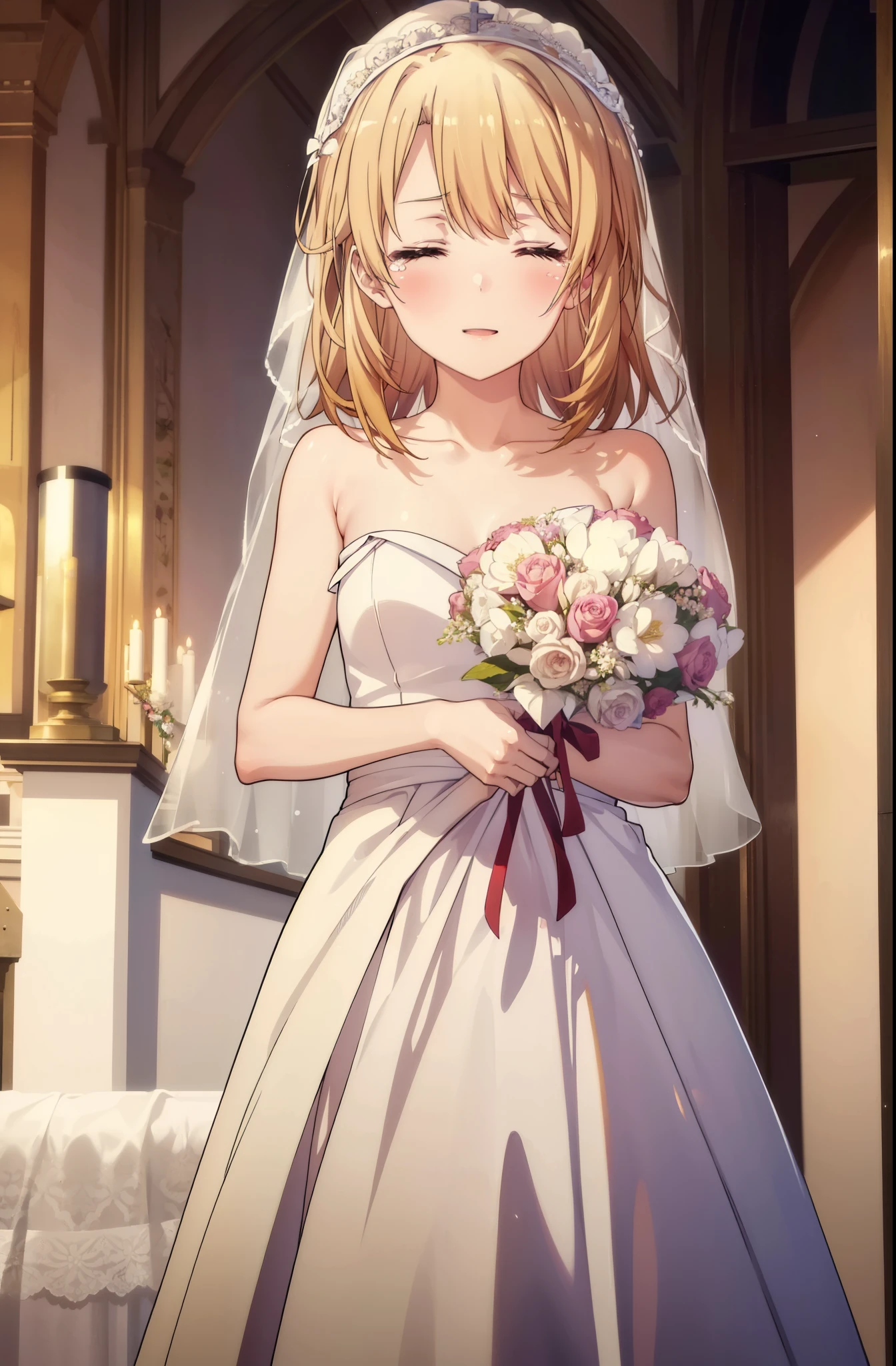 irohaisshiki, iroha isshiki, long hair, light brown hair,  open your mouth,smile,happy atmosphere,Close both eyes and cry,tears run down her face,tears of joy,blush,smile,naked neck,bare clavicle,bare shoulders, chapel,marriage,church,Wedding dress,veil,Wedding Skirts,bouquet,bouquetトス,Holding a big bouquet in both hands,happy atmosphere,Hanabubuki,marriage式　　　　　　　　　　　　　　　　　　　　break indoors, chapel, church,
break (masterpiece:1.2), highest quality, High resolution, unity 8k wallpaper, (shape:0.8), (highly detailed face, perfect lighting, Very detailed CG, (perfect hands, perfect anatomy),