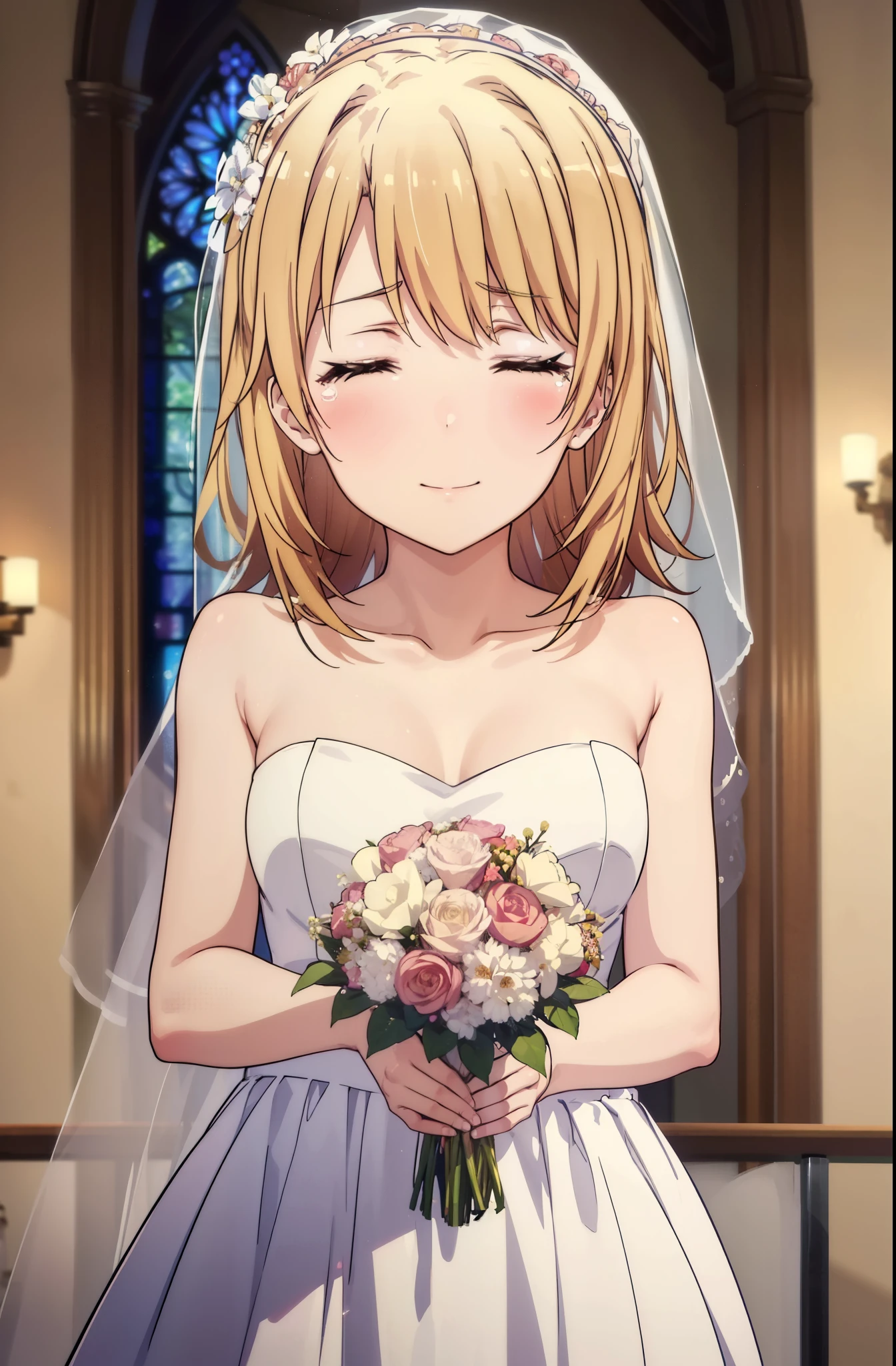 irohaisshiki, iroha isshiki, long hair, light brown hair,  open your mouth,smile,happy atmosphere,Close both eyes and cry,tears run down her face,tears of joy,blush,smile,naked neck,bare clavicle,bare shoulders, chapel,marriage,church,Wedding dress,veil,Wedding Skirts,bouquet,bouquetトス,Holding a big bouquet in both hands,happy atmosphere,Hanabubuki,marriage式　　　　　　　　　　　　　　　　　　　　break indoors, chapel, church,
break (masterpiece:1.2), highest quality, High resolution, unity 8k wallpaper, (shape:0.8), (highly detailed face, perfect lighting, Very detailed CG, (perfect hands, perfect anatomy),