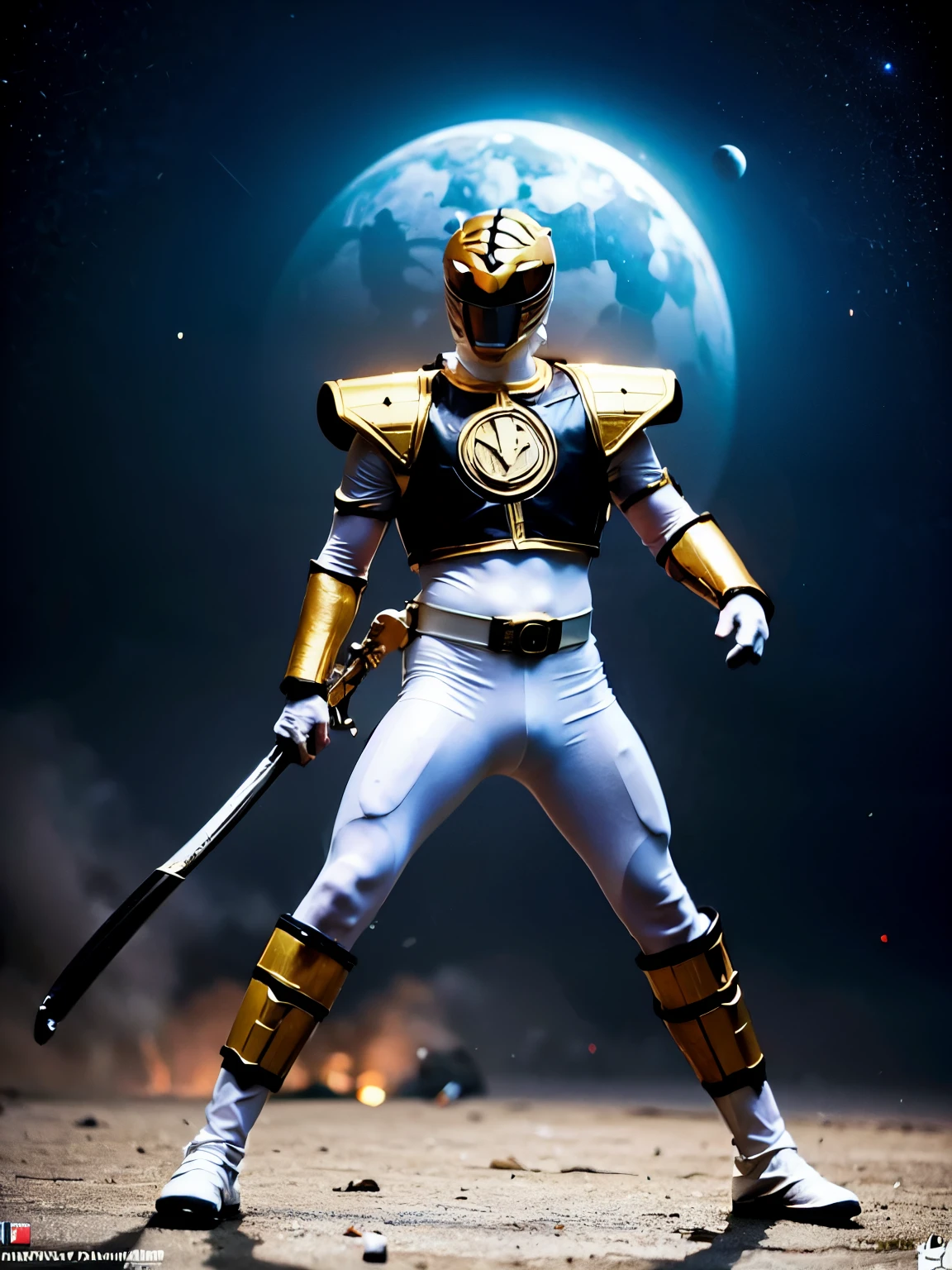 ((obra de arte,melhor qualidade)), absurdos, branco_guarda-florestal, full body, stand pose,  Sozinho, black breastplate, Tokusatsu, capacete e armadura detalhados, Stars and space in the background, film composition, Dynamic Pose,