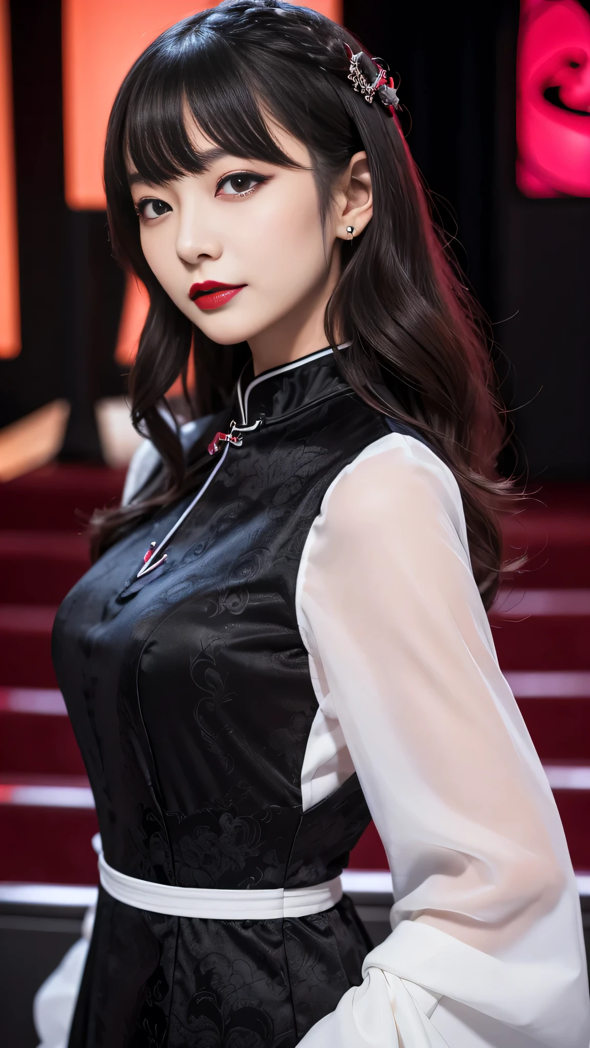 Super detailed、Japanese、charming beauty、seductive adult woman、Beautiful woman、sharp eyes、cool girl、wavy hair、flowing bangs、long black cheongsam、wide sleeve、evilの幹部、evil depravity、brainwashing、Mind control、apply lipstick、grin、evilな表情、evil、empty eyes、evil、stage、vampire、vampire、Hypnosia makeup brush