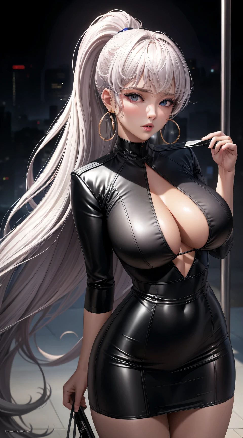 (best quality:1.5, highres, UHD, 4K, detailed lighting, shaders), white afro haired, gradient hair, large breasts, suit, black shirt, black social shirt, black short skirt, mature woman , (pov), white background, colorful eyeshadow, dramatic lighting, sparkling eyes, sensual expression, golden earrings, flowing hair, delicate facial features, soft skinned, high cheekbones, urban setting, white background, dont look for the camera, lean forward,