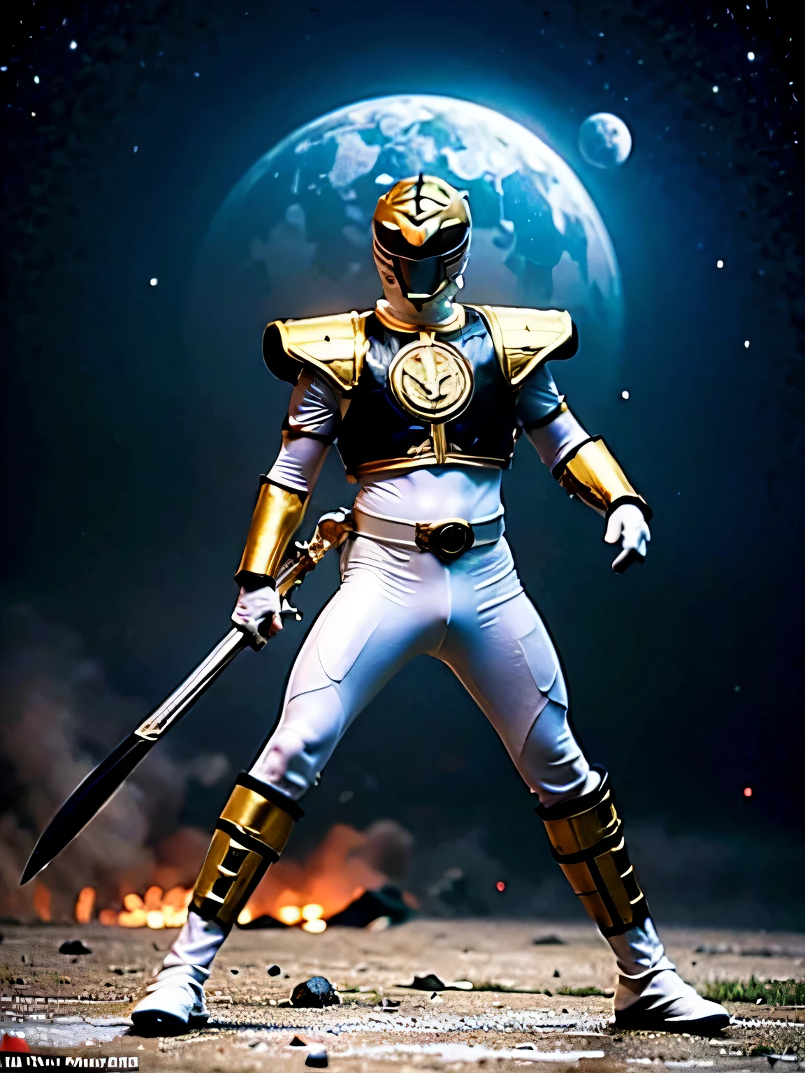 ((obra de arte,melhor qualidade)), absurdos, branco_guarda-florestal, Corpo todo, Standing posture,  Sozinho, black breastplate, Tokusatsu, capacete e armadura detalhados, Stars and space in the background, film composition, Dynamic Pose,