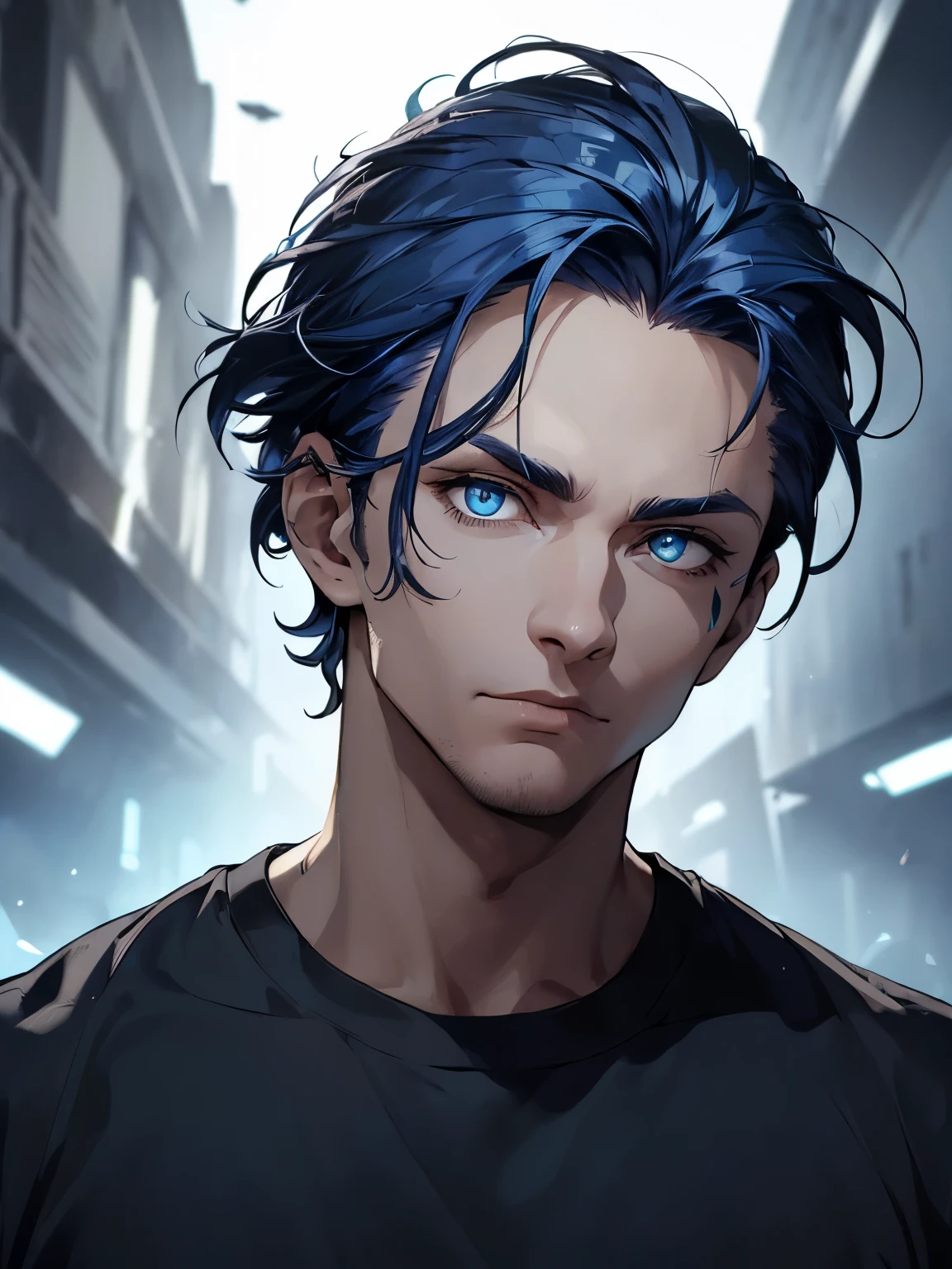 ((Man)), ((dark blue hair)), ((messy combed back hairstyle)), short hair, ((blue eyes)), black shirt, defined body, glowing eyes, dark background