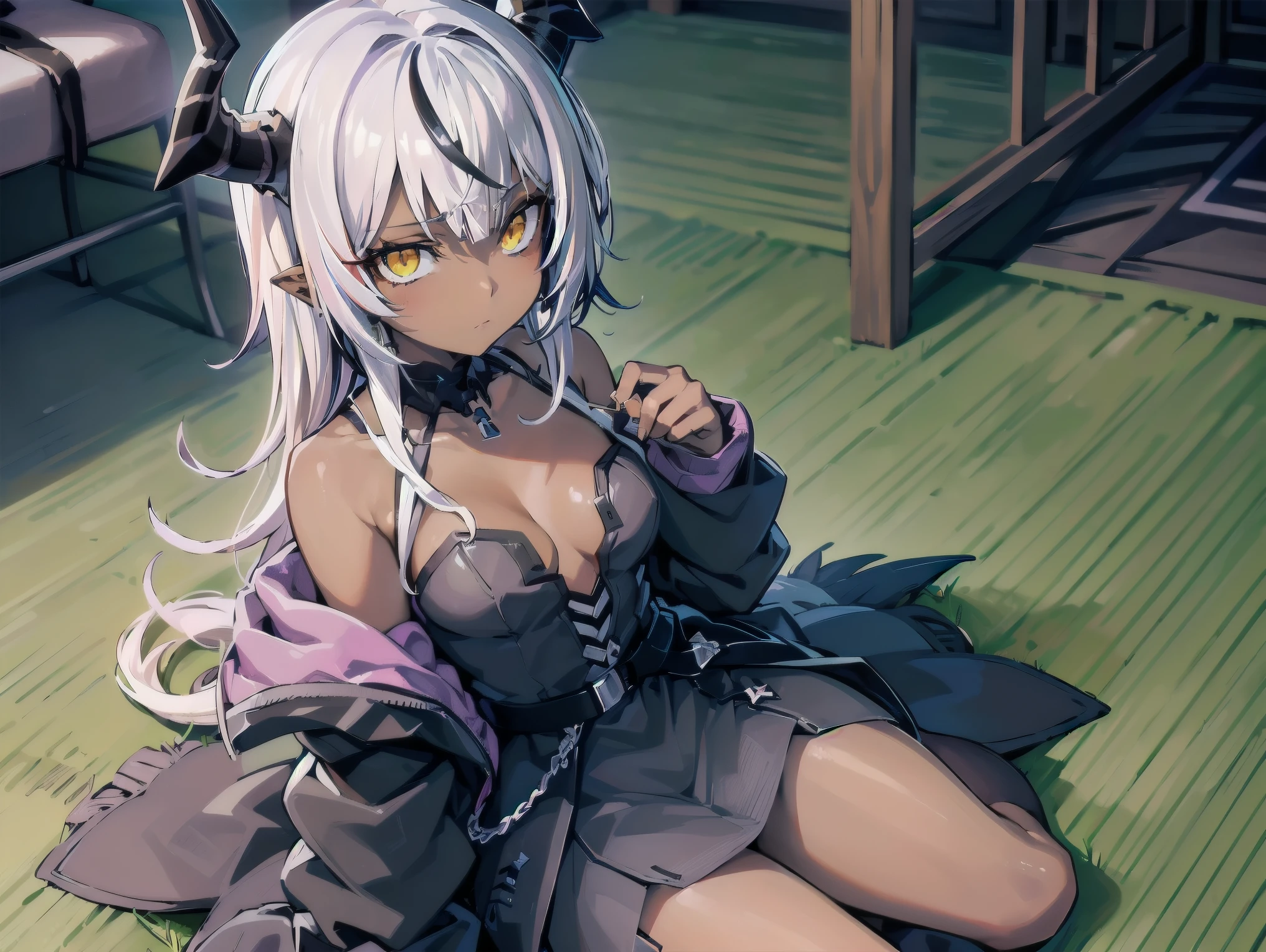 Concept art, ((CG)), ((1girl)), ta, ((((dark skin)))), ((((short white hair)))), (((blunt bangs))), yellow eyes, ((heterocromia)), (((horns))), ((cabelo emaranhado)), ((((sonolenta)))), desleixada, ((melhor qualidade)), ((brava)), (((black dress))), ((obra de arte)), ((((black cloack)))), (detalhado), rosto perfeito, ((style novel)), cores beautiful, ((((anime_collors)))), ((sitting in bag, in room)).
