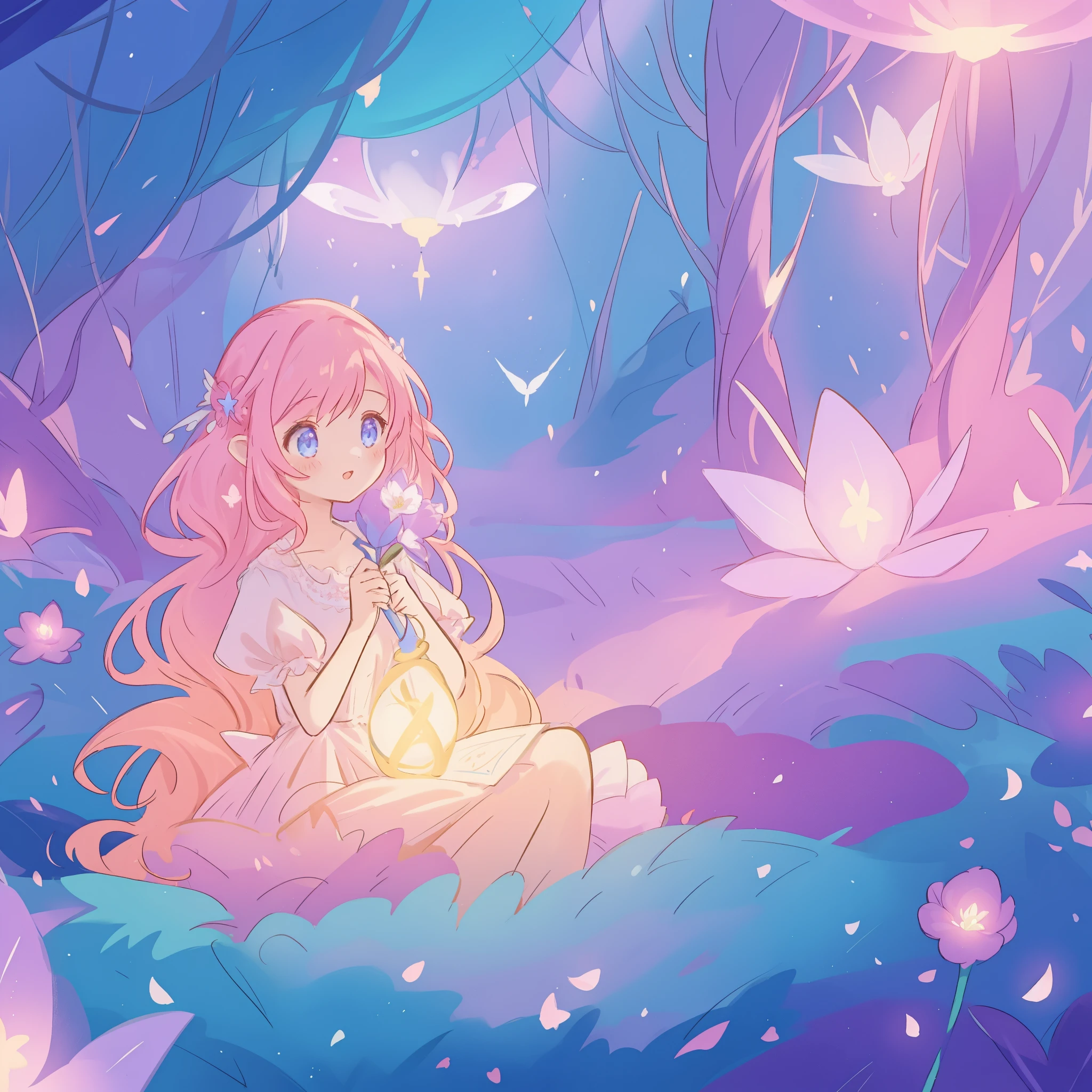 Nice girl in glowing layered fantasy dress, Fairy girls, funkelnde leuchtende Lichter, langes, leuchtend lila-rosa Haar, jenseitige Blumen und farbenfrohe Pflanzen, inspiriert von Glen Keane, inspiriert von Lois van Baarle, Fantasie jenseitige Landschaft, Fantasy-Hintergrund, Nice, Meisterwerk, best quality