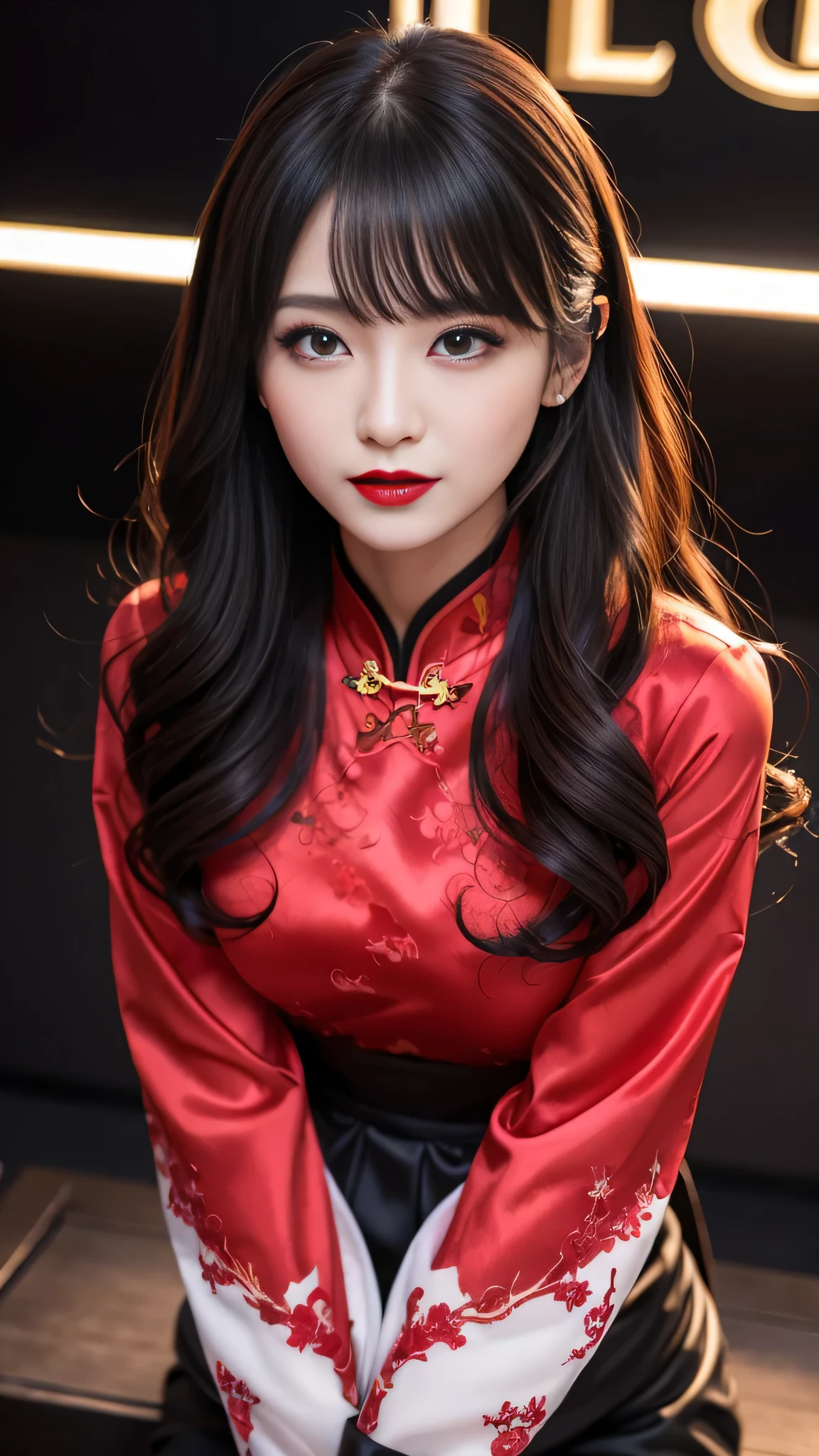 Super detailed、Japanese、charming beauty、seductive adult woman、Beautiful woman、sharp eyes、cool girl、wavy hair、flowing bangs、long black cheongsam、wide sleeve、evilの幹部、evil depravity、brainwashing、Mind control、apply lipstick、grin、evilな表情、evil、empty eyes、evil、stage、vampire、vampire、Hypnosia makeup brush