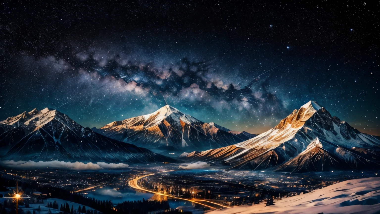 A panoramic image of Mount Olympus or the starry sky, evocando o ambiente divino das deusas gregas.