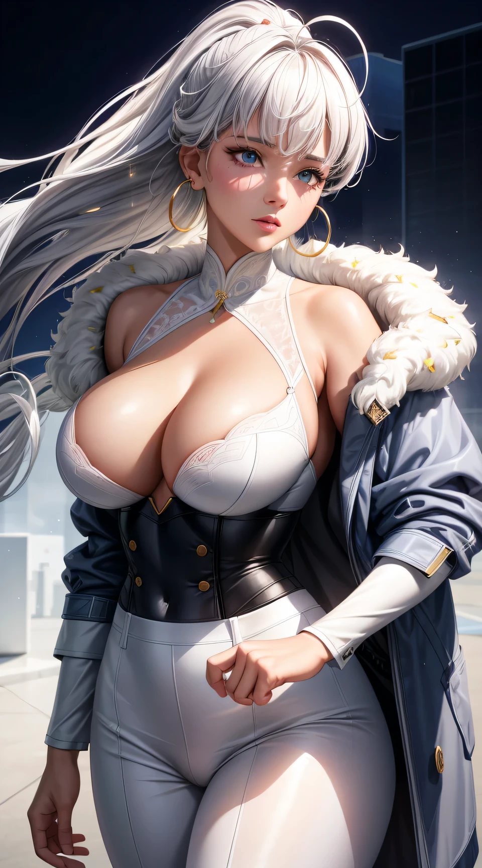 (best quality:1.5, highres, UHD, 4K, detailed lighting, shaders), gray afro floral haired, gradient hair, large breasts, white suit, gray shirt, white social shirt, white short skirt, mature woman , (pov), white background, colorful eyeshadow, dramatic lighting, sparkling eyes, sensual expression, golden earrings, flowing hair, delicate facial features, soft skinned, high cheekbones, urban setting, white background, dont look for the camera, lean forward,