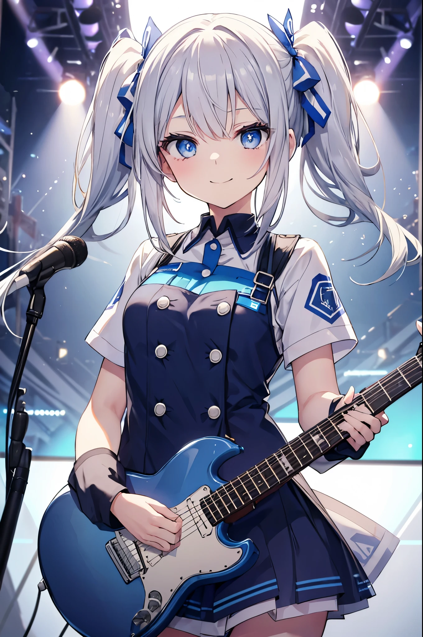 Silver-haired blue eyes、 girl、small breasts、twin tails、uniform、smile、blue baseを弾いている、music festival、blue base🎸