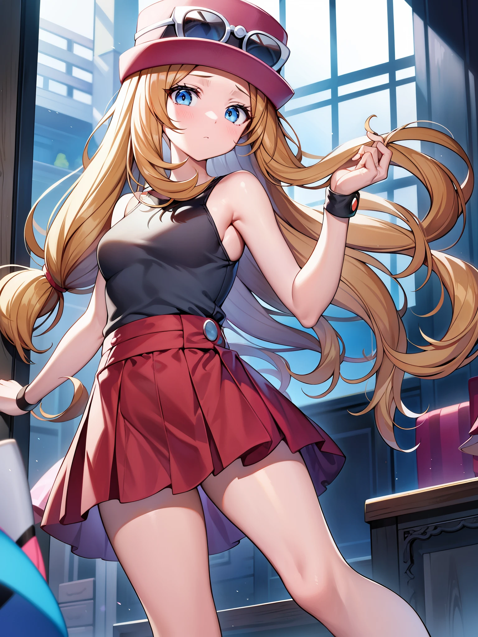 Pokémon、Serena、solo、1 person、Pokemon X/Y、calm、Red canoche hat with white sunglasses on top、red and black high waist ensemble、black knee socks、high cut sneakers。Her hairstyle is long wavy blonde hair.。The ends of the hair are tied slightly at the back.。He is taller than previous protagonists.。You can also change your hairstyle and clothes.、Dark-haired or blonde、short hair or twin tails、Sporty style, Lolita style, etc. as many as the number of players.々There is a main character who looks like。By wearing a micro-length hoodie or mini camisole, you can show off your belly button.、By wearing a micro-length hoodie or mini camisole, you can show off your belly button.