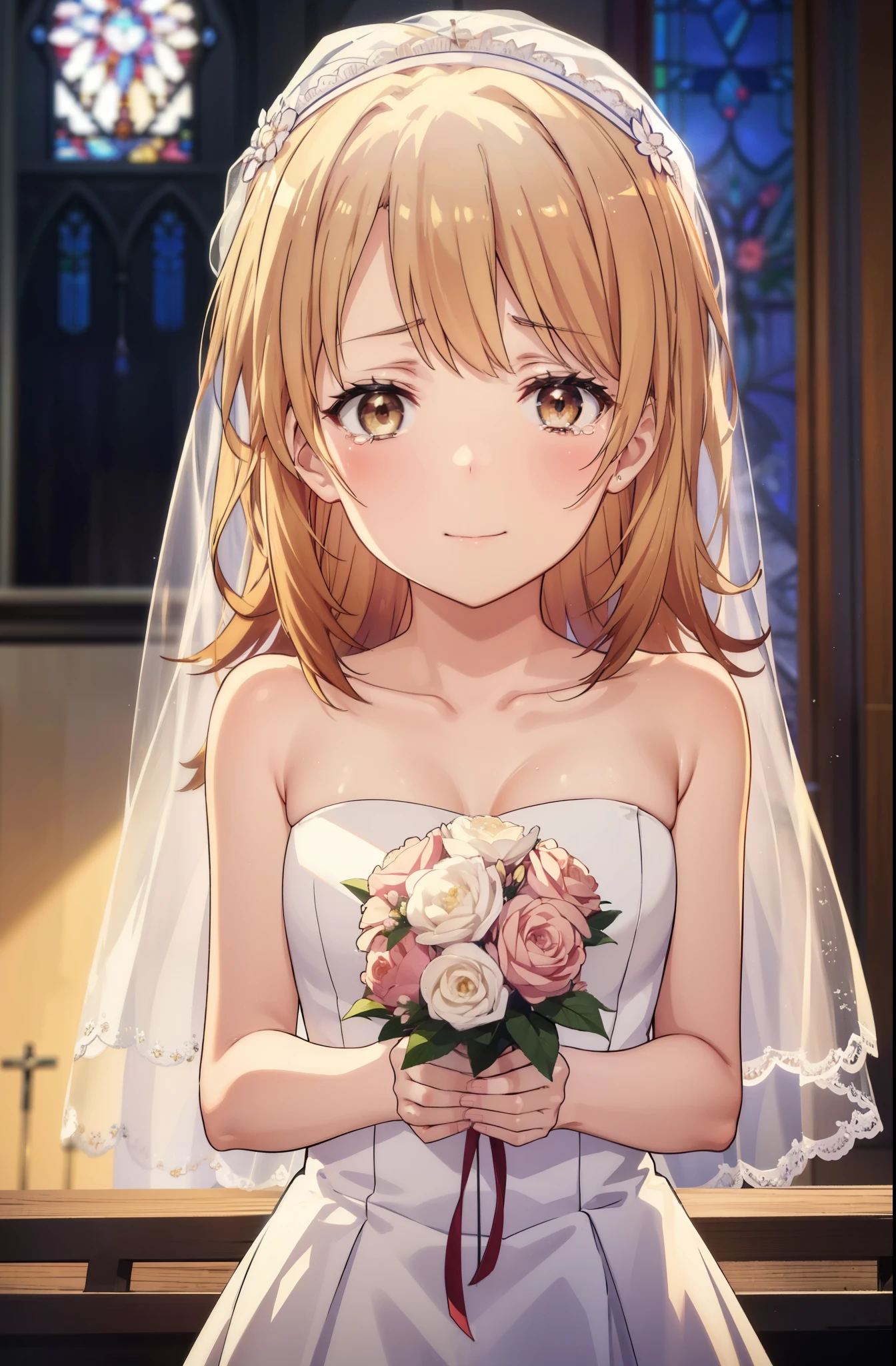 irohaisshiki, iroha isshiki, long hair, light brown hair, open your mouth,smile,happy atmosphere,Close both eyes and cry,tears run down her face,tears of joy,blush,smile,naked neck,bare clavicle,bare shoulders, large pale stained glass,Light of the sun,chapel,marriage,church,Wedding dress,veil,Wedding Skirts,bouquet,bouquetトス,Holding a big bouquet in both hands,happy atmosphere,Hanabubuki,marriage式 break indoors, chapel, church,
break (masterpiece:1.2), highest quality, High resolution, unity 8k wallpaper, (shape:0.8), (highly detailed face, perfect lighting, Very detailed CG, (perfect hands, perfect anatomy),