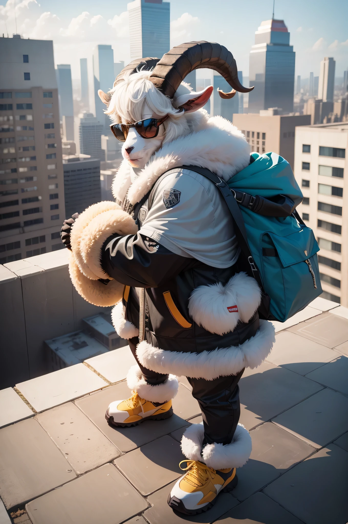 There is a Goat, wearing a sunglases with two horns on its head, and dressed in clothes like super hero. A ground-type Pokémon. It stands on two legs and is carrying a gray cape. It's standing on top of a building, surrounded by a cityscape. Its cute stubborn face is endearing. The dominant color scheme is gray-blue. It belongs to Supreme model looking like the GOAT