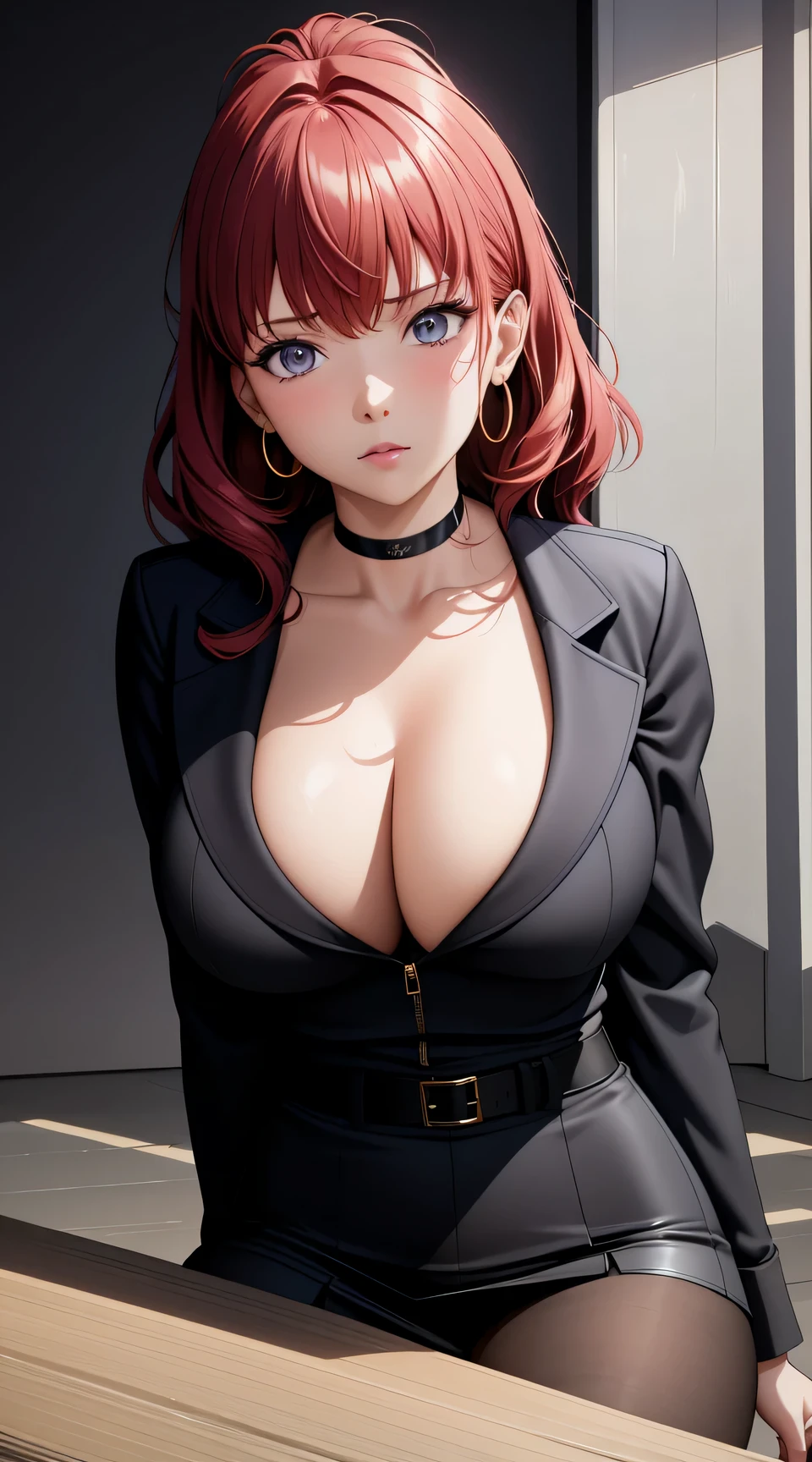 (best quality:1.5, highres, UHD, 4K, detailed lighting, shaders), redhead afro haired, gradient hair, large breasts, suit, black shirt, black social shirt, black short skirt, mature woman , (pov), white background, colorful eyeshadow, dramatic lighting, sparkling eyes, sensual expression, golden earrings, flowing hair, delicate facial features, soft skinned, high cheekbones, urban setting, white background, dont look for the camera, lean forward,