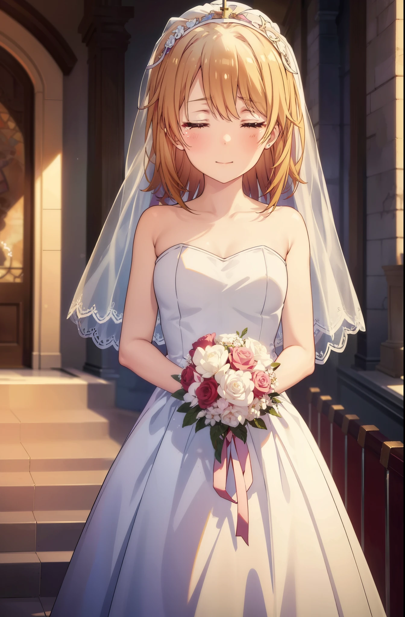 irohaisshiki, iroha isshiki, long hair, brown hair, open your mouth,smile,happy atmosphere,Close both eyes and cry,tears run down her face,tears of joy,blush,smile,naked neck,bare clavicle,bare shoulders, large pale stained glass,Light of the sun,chapel,marriage,church,Wedding dress,veil,Wedding Skirts,bouquet,bouquetトス,Holding a big bouquet in both hands,happy atmosphere,Hanabubuki,marriage式 break indoors, chapel, church,
break (masterpiece:1.2), highest quality, High resolution, unity 8k wallpaper, (shape:0.8), (highly detailed face, perfect lighting, Very detailed CG, (perfect hands, perfect anatomy),