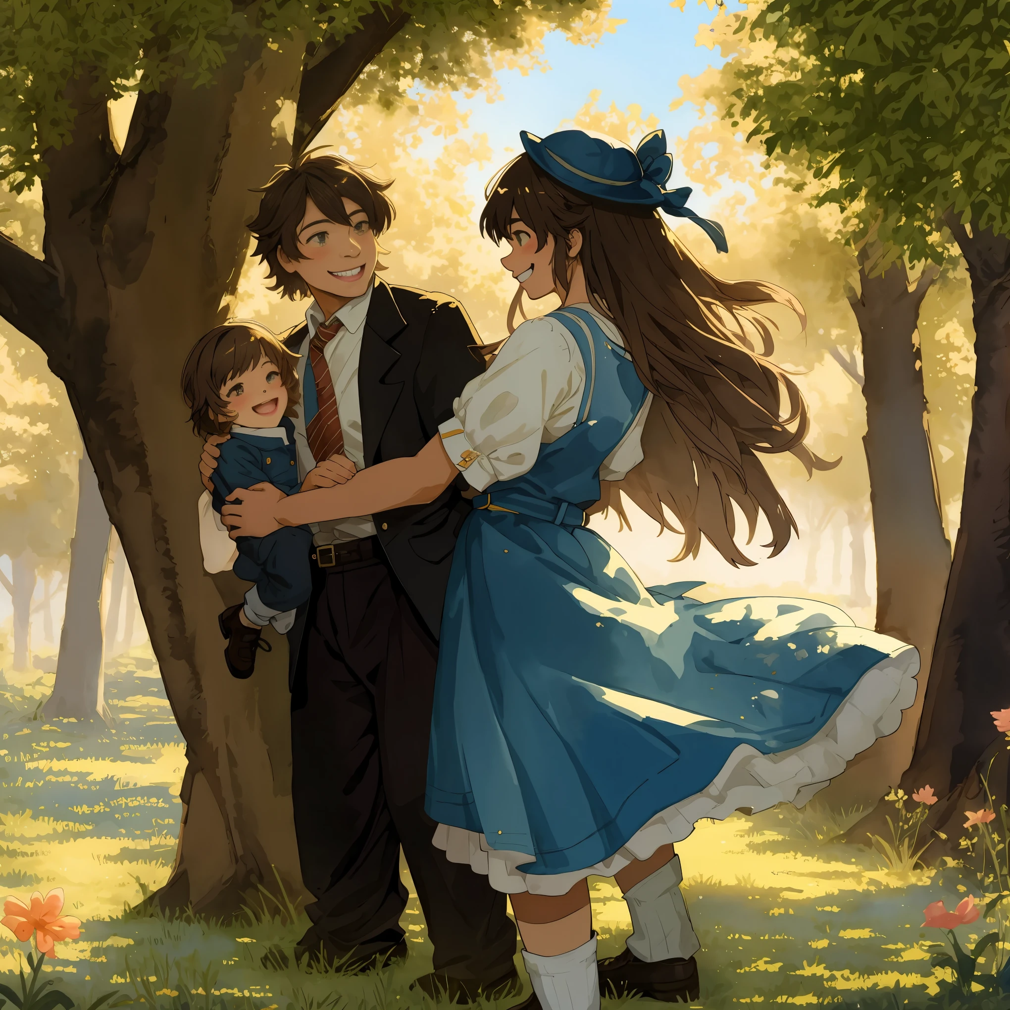 watercolor, soft color, Vintage images, highres, unparalleled masterpiece, absurdres, love story of human  girl and giant Werewolf, love romance, Detectives and assistants, family photograph, pair, Height difference, Physical difference, perfect anatomy, smile, joyful, play with, smile, happy, watercolor,