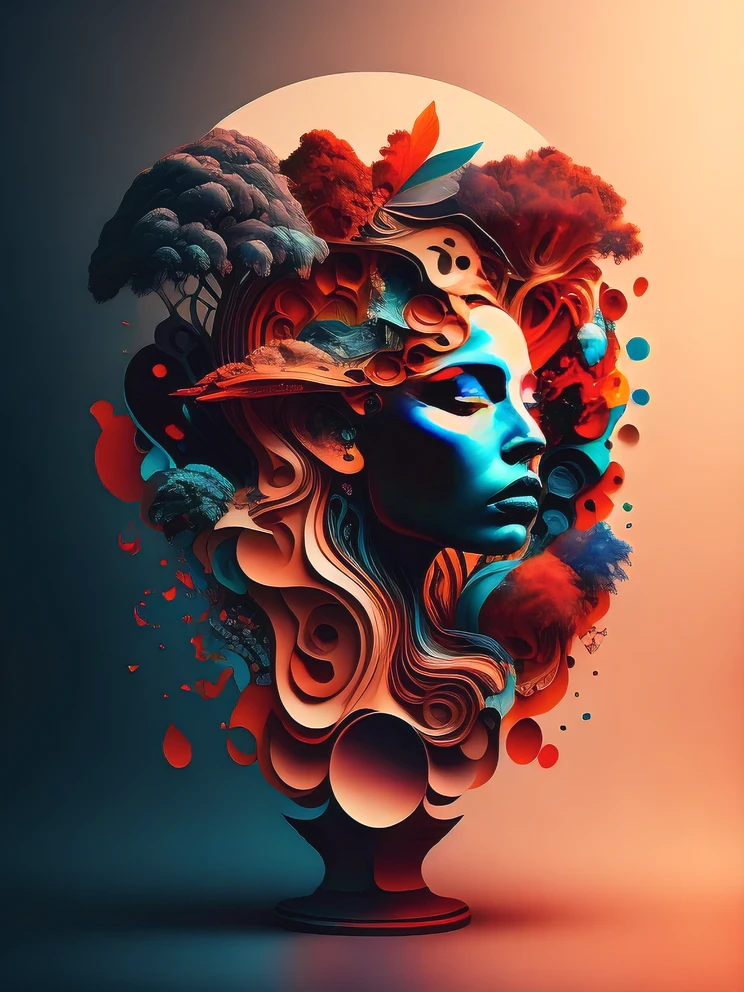 The head of a woman with a lot of art.