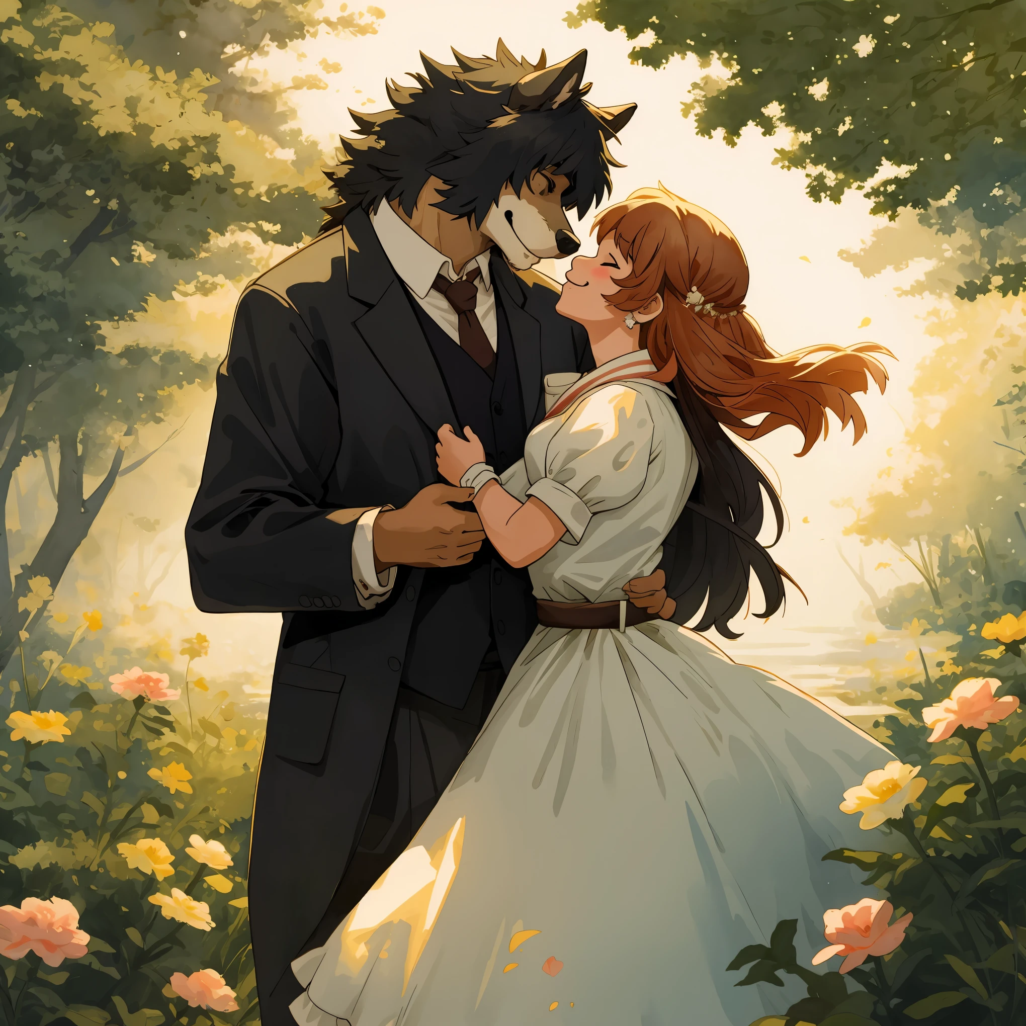watercolor, soft color, Vintage images, highres, unparalleled masterpiece, absurdres, love story of human  girl and giant Werewolf, love romance, Detectives and assistants, family photograph, pair, Height difference, Physical difference, perfect anatomy, smile, joyful, play with, smile, happy, watercolor,