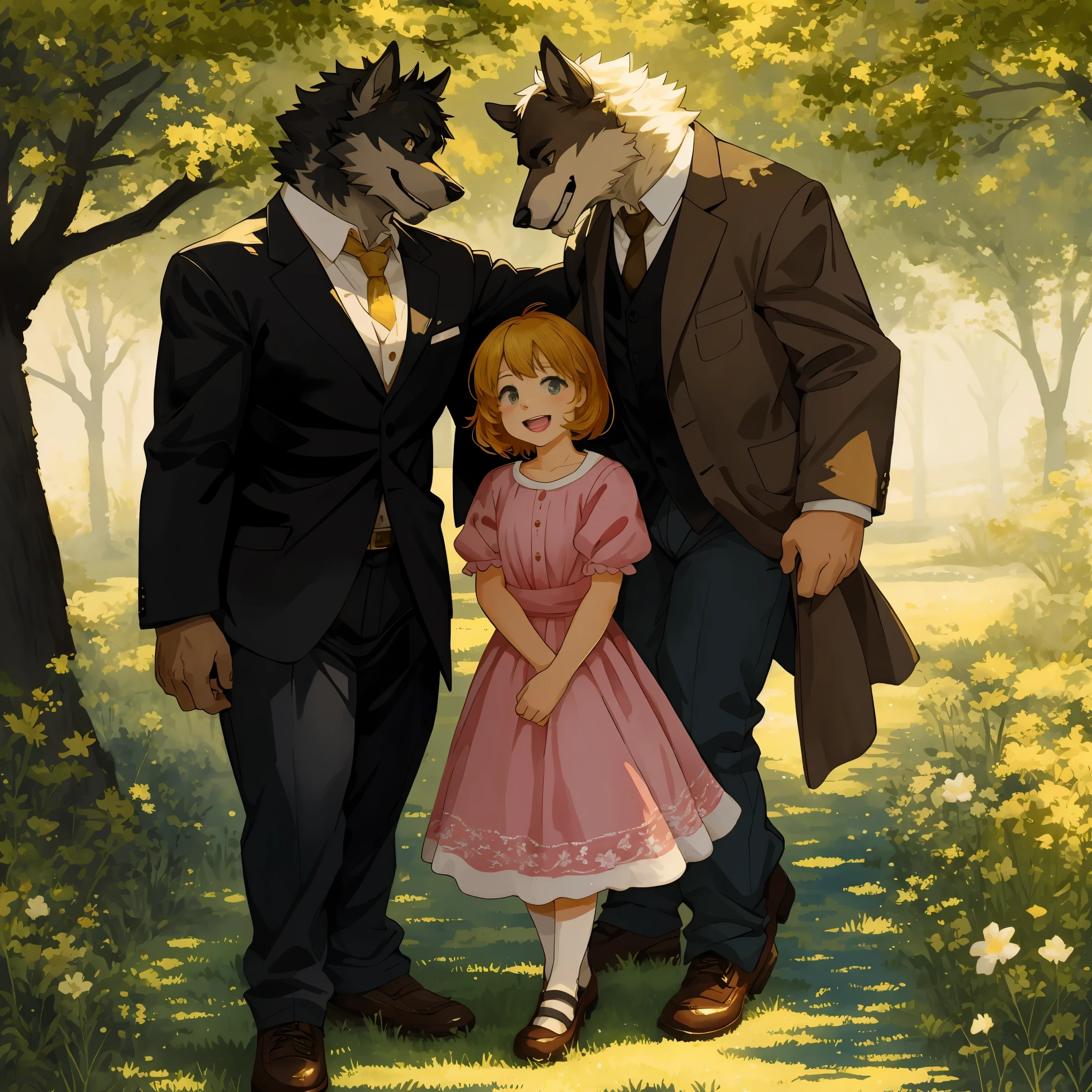 watercolor, soft color, Vintage images, highres, unparalleled masterpiece, absurdres, love story of human girl and giant Werewolf, love romance, Detectives and assistants, family photograph, pair, Height difference, Physical difference, perfect anatomy, smile, joyful, play with, smile, happy, watercolor,