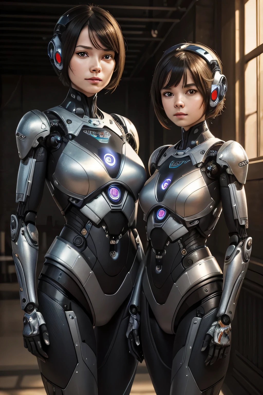 Mother and daughter turned into robots　Almost identical machine body　The face remains human　The background is indoors, Hmm, retina, masterpiece, Accurate, anatomically correct, rough skin, Super detailed, advanced details, high quality, Awards, 最high quality, High resolution