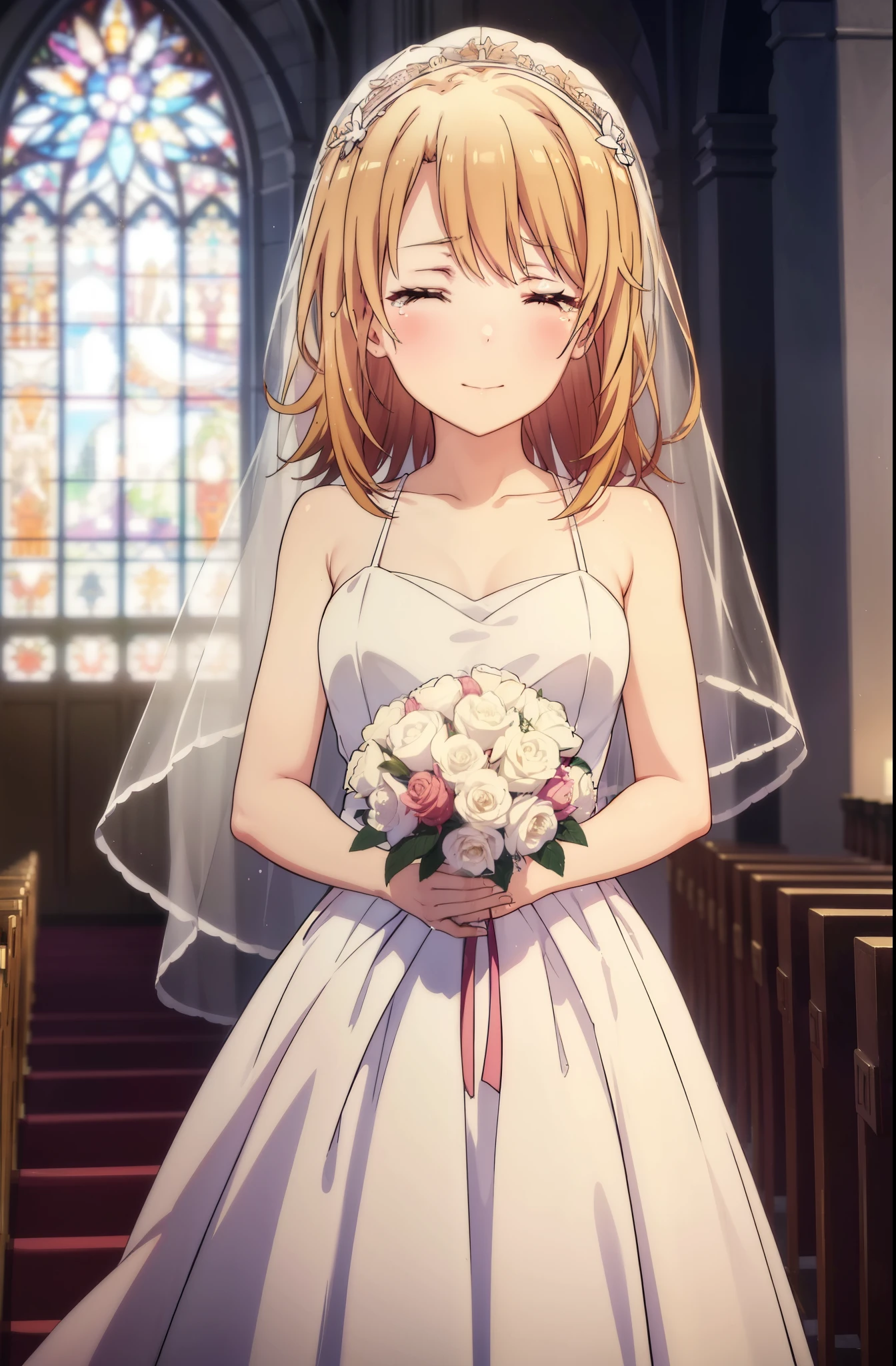 irohaisshiki, iroha isshiki, long hair, brown hair,  open your mouth,smile,happy atmosphere,Close both eyes and cry,tears run down her face,tears of joy,blush,smile,naked neck,bare clavicle,bare shoulders, large pale stained glass,Light of the sun,chapel,marriage,church,Wedding dress,veil,Wedding Skirts,bouquet,bouquetトス,Holding a big bouquet in both hands,happy atmosphere,Hanabubuki,marriage式　　　　　　　　　　　　　　　　　　　　break indoors, chapel, church,
break (masterpiece:1.2), highest quality, High resolution, unity 8k wallpaper, (shape:0.8), (highly detailed face, perfect lighting, Very detailed CG, (perfect hands, perfect anatomy),