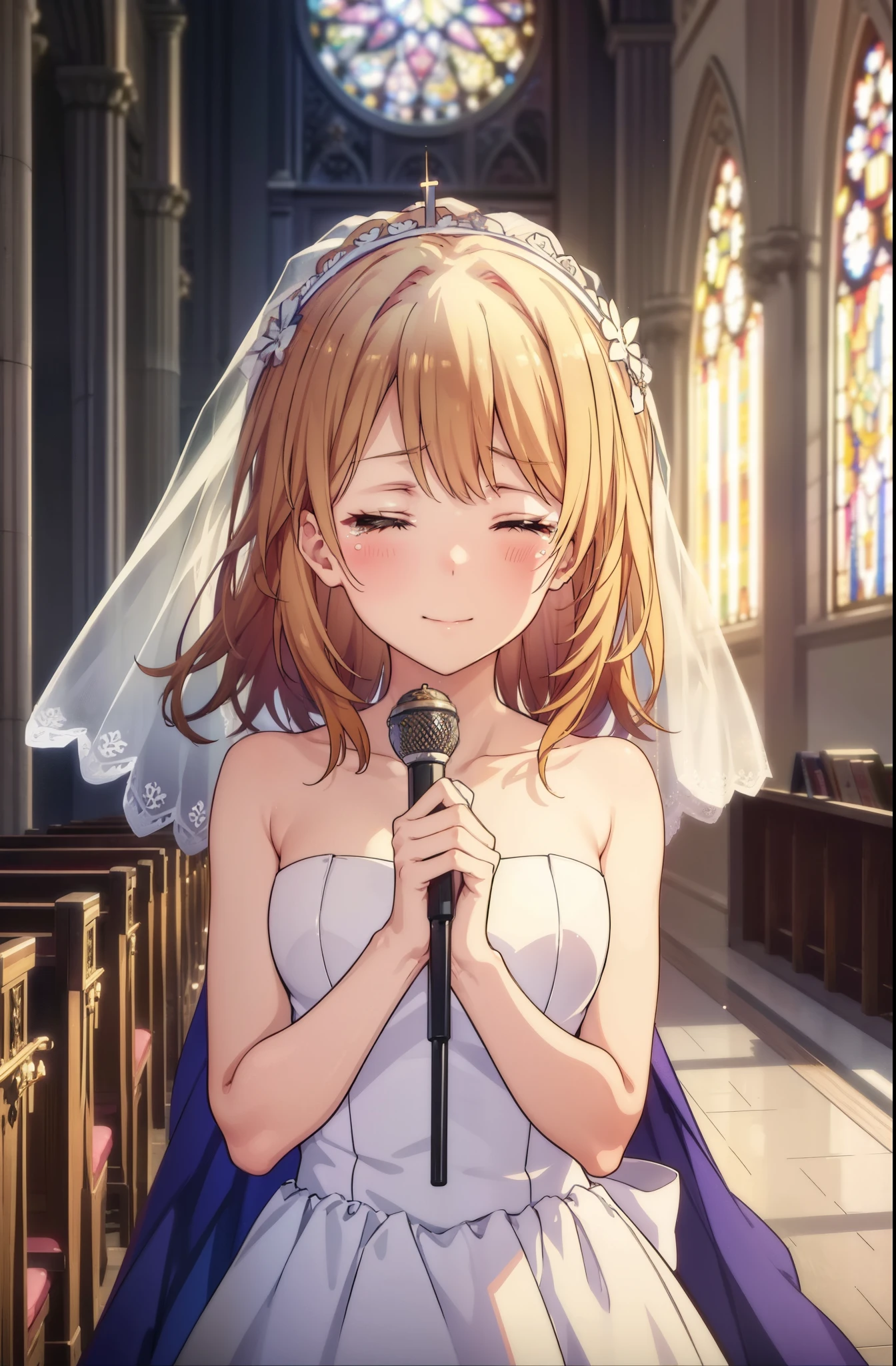 irohaisshiki, iroha isshiki, long hair, brown hair, open your mouth,smile,happy atmosphere,Close both eyes and cry,tears run down her face,tears of joy,blush,smile,naked neck,bare clavicle,bare shoulders, large pale stained glass,Light of the sun,chapel,marriage,church,Wedding dress,veil,Wedding Skirts,bouquet,bouquetトス,Holding a big bouquet in both hands,happy atmosphere,Hanabubuki,marriage式 break indoors, chapel, church,
break (masterpiece:1.2), highest quality, High resolution, unity 8k wallpaper, (shape:0.8), (highly detailed face, perfect lighting, Very detailed CG, (perfect hands, perfect anatomy),