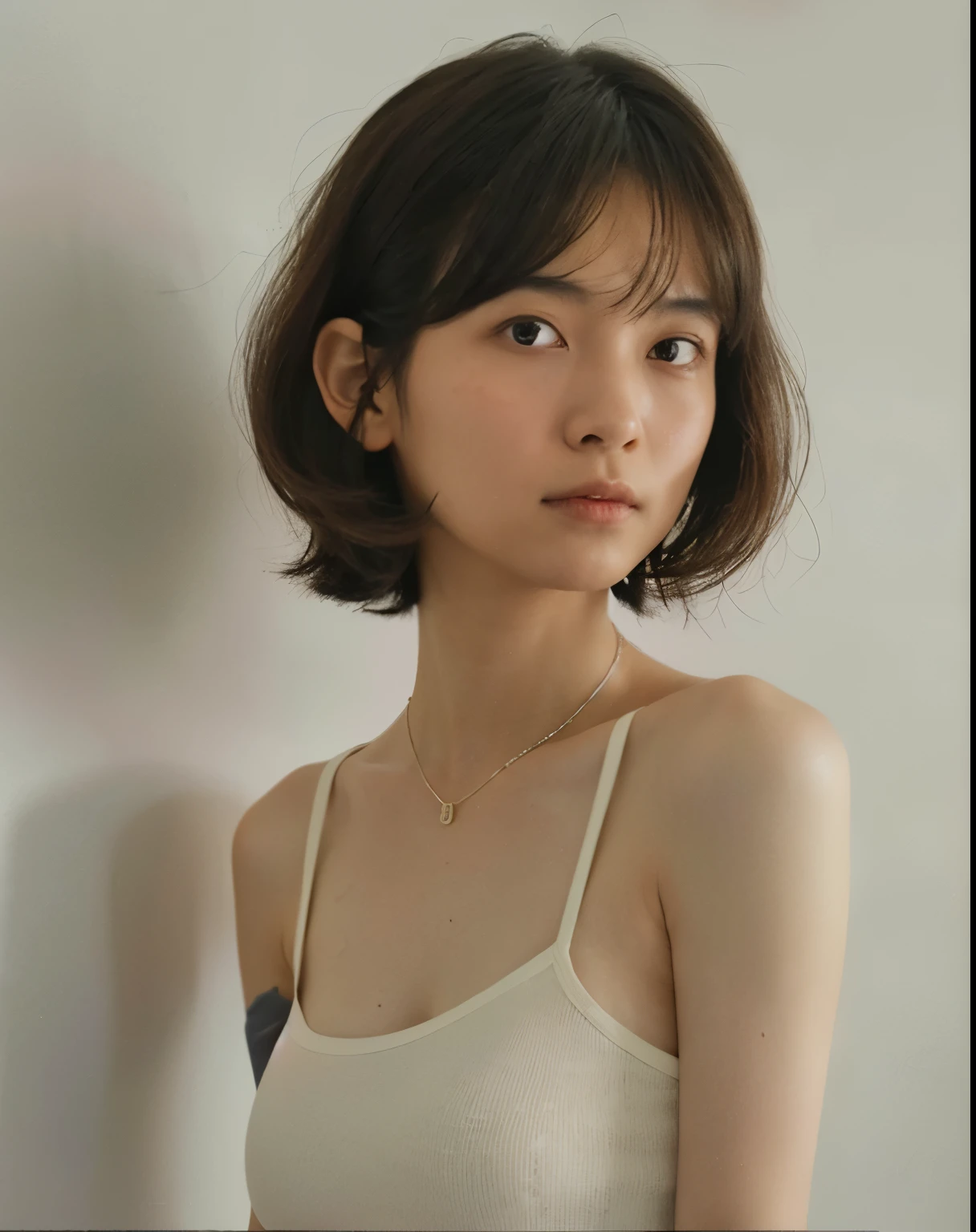 (very realistic photo, concentrated、High resolution, detailed face, fine eyes), ((Taken in front of a white wall))、japanese woman, 20-year-old, various expressions, Upper body、alone:1, slim body shape, various hairstyles,black sheer tops、Only one person is in the photo、Photographed in natural light、simple necklace、bob hair、shortcut、looking at the camera