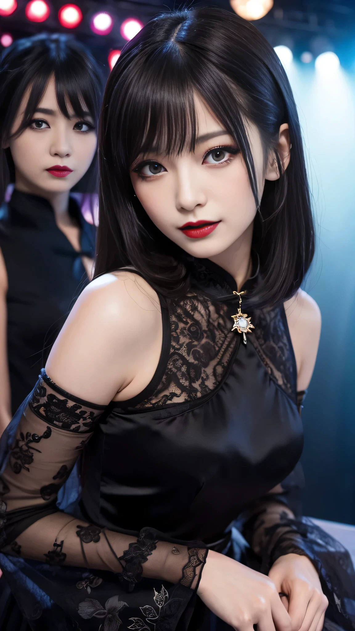 Super detailed、Japanese、charming beauty、seductive adult woman、Beautiful woman、sharp eyes、cool girl、wavy hair、flowing bangs、long black cheongsam、wide sleeve、evilの幹部、evil depravity、brainwashing、Mind control、apply lipstick、grin、evilな表情、evil、empty eyes、evil、stage、vampire、vampire、Hypnosis、pull