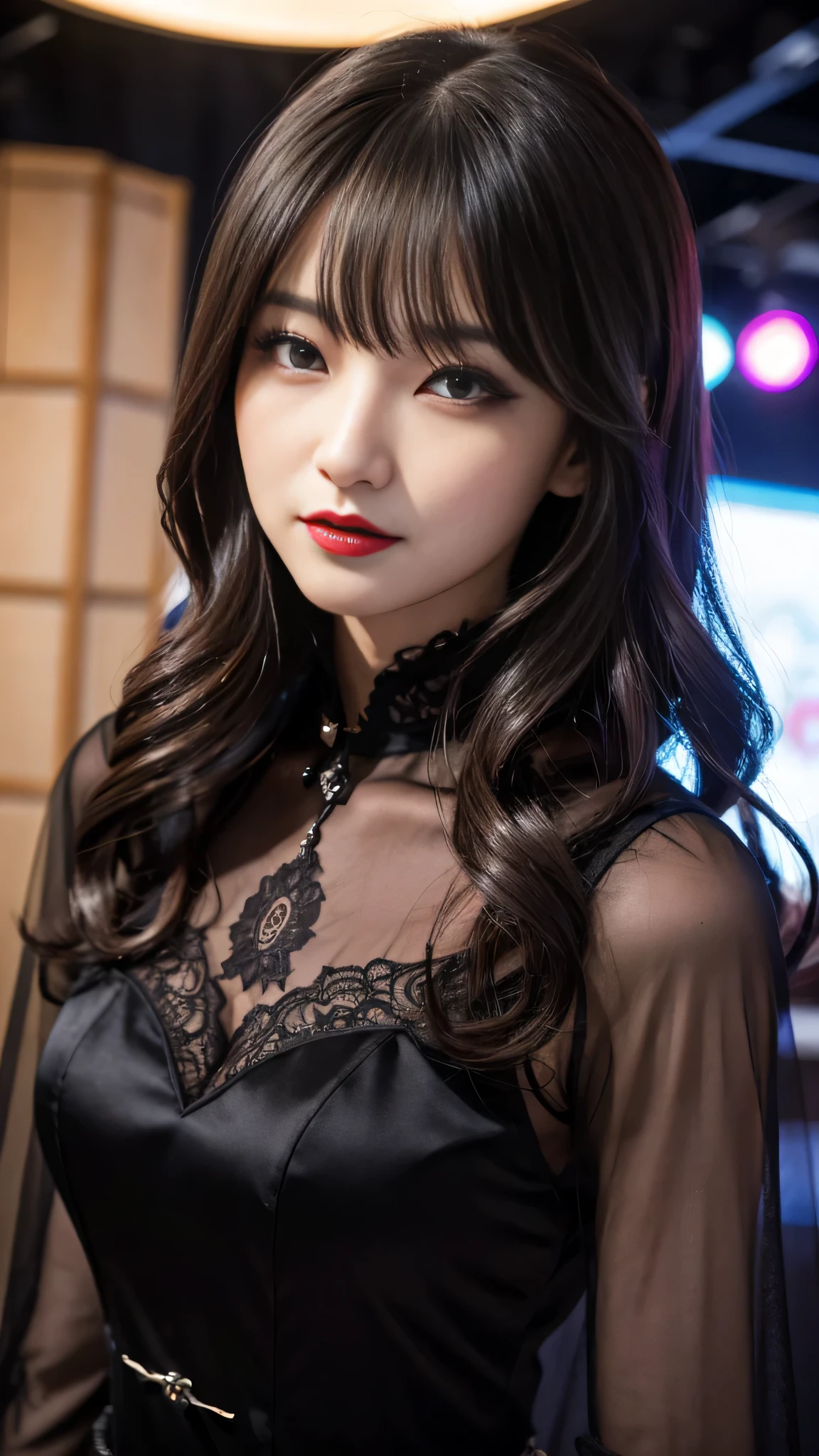Super detailed、Japanese、charming beauty、seductive adult woman、Beautiful woman、sharp eyes、cool girl、wavy hair、flowing bangs、long black cheongsam、wide sleeve、evilの幹部、evil depravity、brainwashing、Mind control、apply lipstick、grin、evilな表情、evil、empty eyes、evil、stage、vampire、vampire、Hypnosis、pull