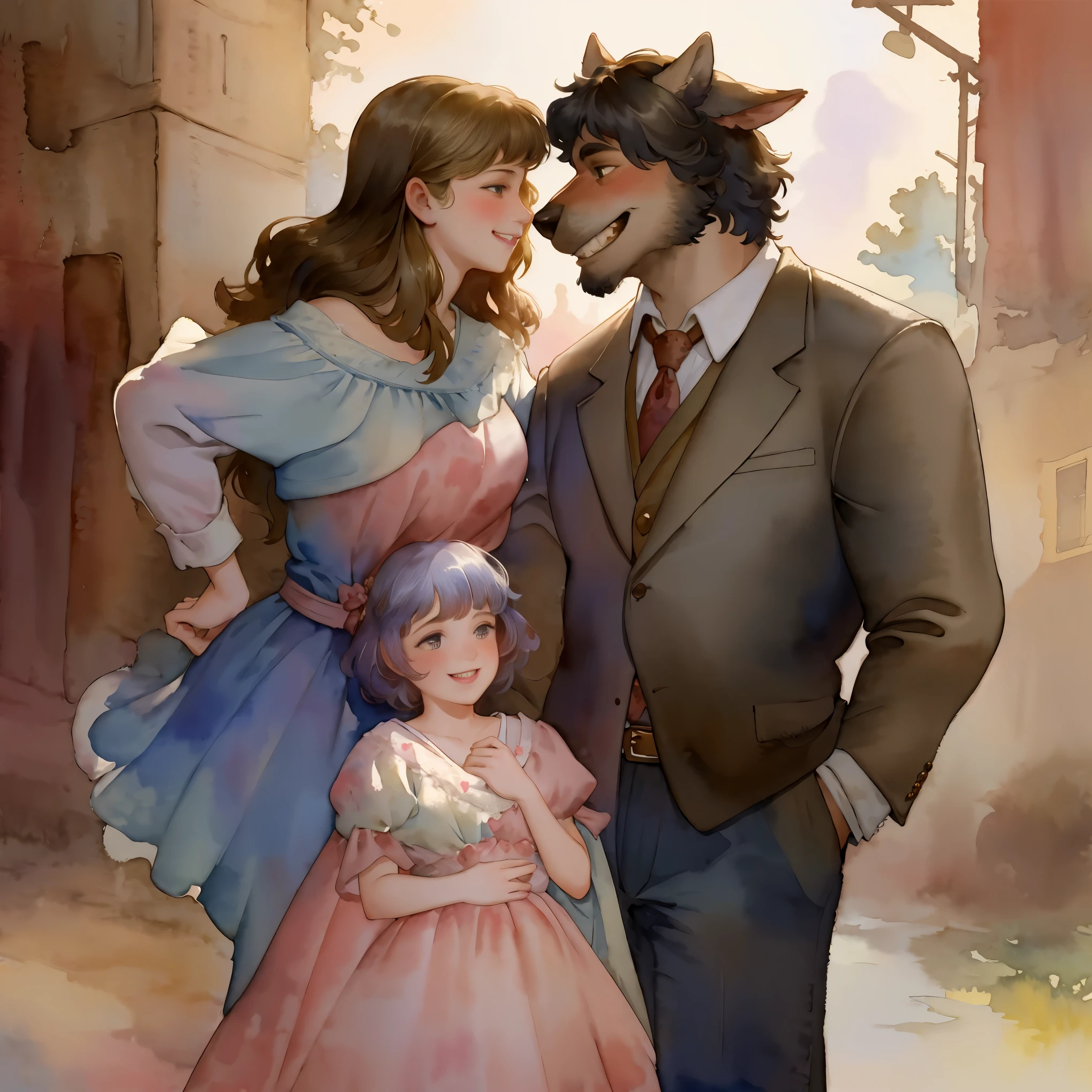 watercolor, soft color, Vintage images, highres, unparalleled masterpiece, absurdres, love story of human  girl and giant Werewolf, love romance, Detectives and assistants, family photograph, pair, Height difference, Physical difference, perfect anatomy, smile, joyful, play with, smile, happy, watercolor,