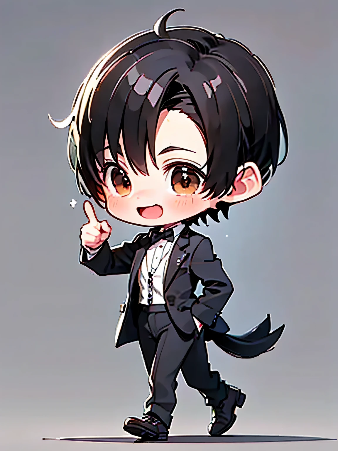 Create adorable digital artwork of a manga-style boy with shortcuts, while leading the horse、take a walk on the grass in an open park. He must be cute anime style with chibi details, Looking forward with an open mouth expression. This chibi anime boy, Reminds me of a fun Vtuber, Perfect for sticker illustrationust be in 8K resolution, Showcasing the highest quality and intricate details