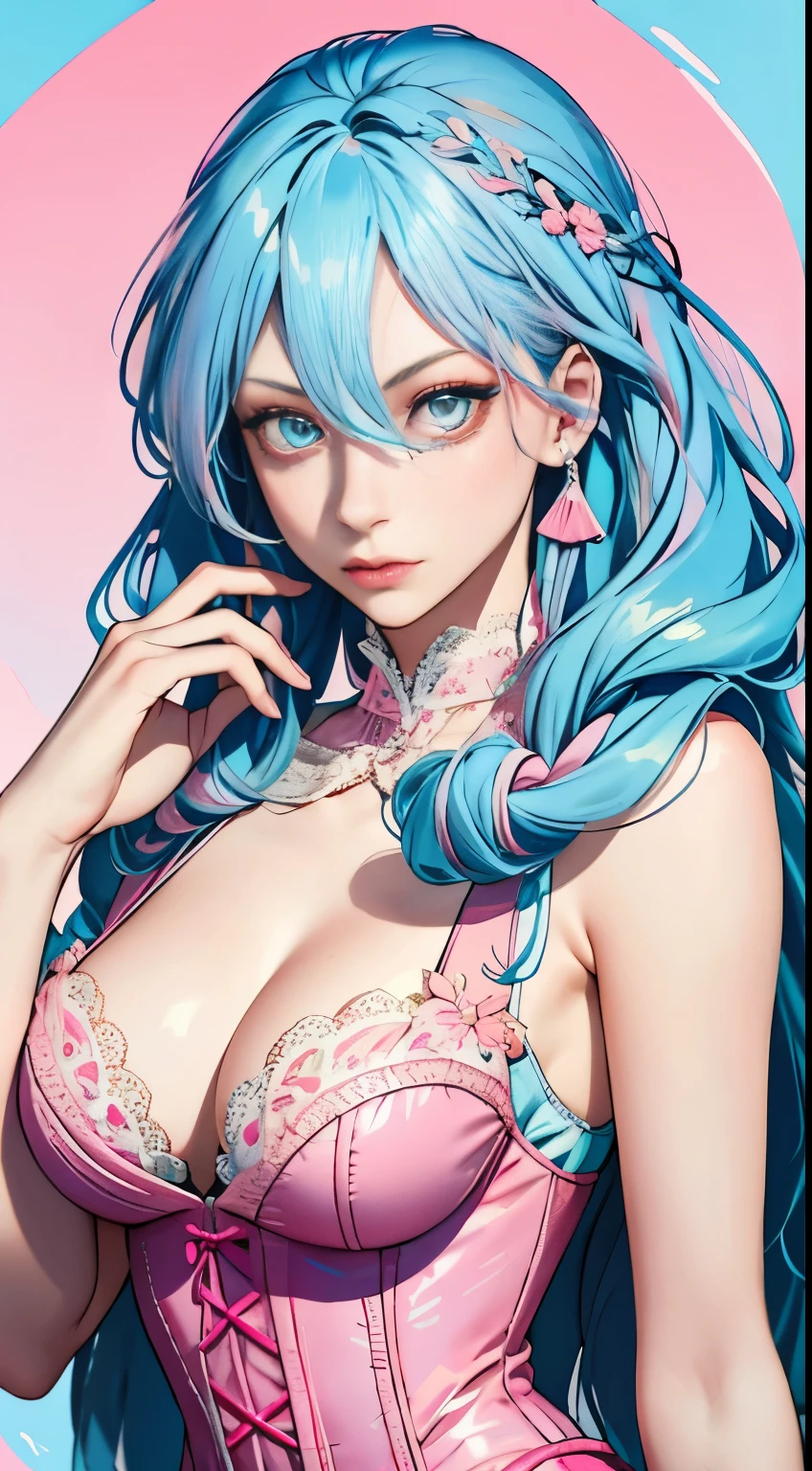 8k, best quality, masterpiece, highly detailed, semi realistic, a girl, young female, 20 years old, absurdly long light blue hair, ((blue hair: 1.5)), ((pink eyes: 1.5)), hair between eyes, banks, pink eyes, medium breast, pink lips, elbow fingerless gloves, gorgeous sexy clothes, corset, slim figure, cool expression, skinny pants, boots, lace clothes,