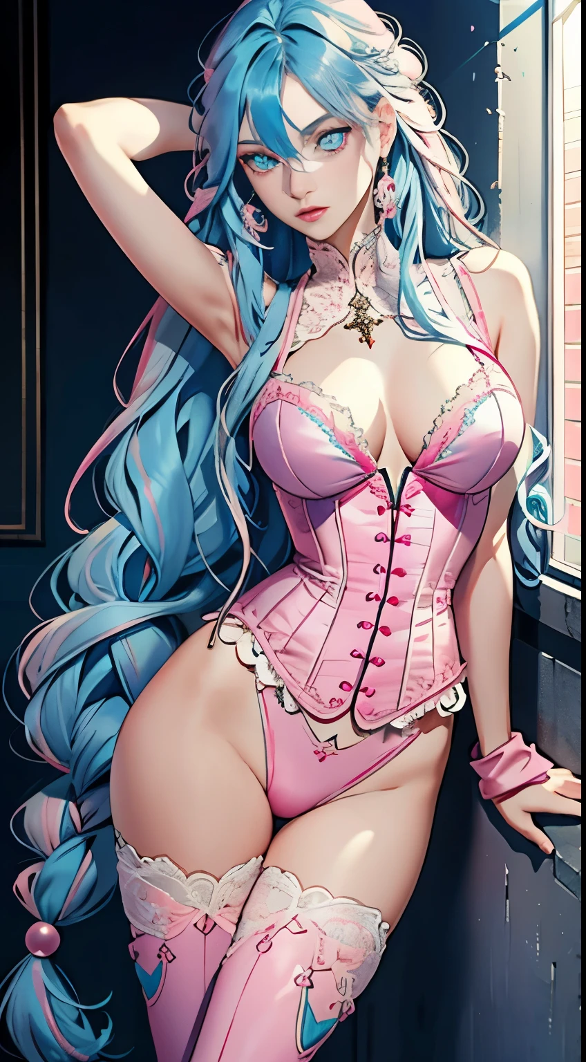 8k, best quality, masterpiece, highly detailed, semi realistic, a girl, young female, 20 years old, absurdly long light blue hair, ((blue hair: 1.5)), ((pink eyes: 1.5)), hair between eyes, banks, pink eyes, medium breast, pink lips, elbow fingerless gloves, gorgeous sexy clothes, corset, slim figure, cool expression, skinny pants, boots, lace clothes,