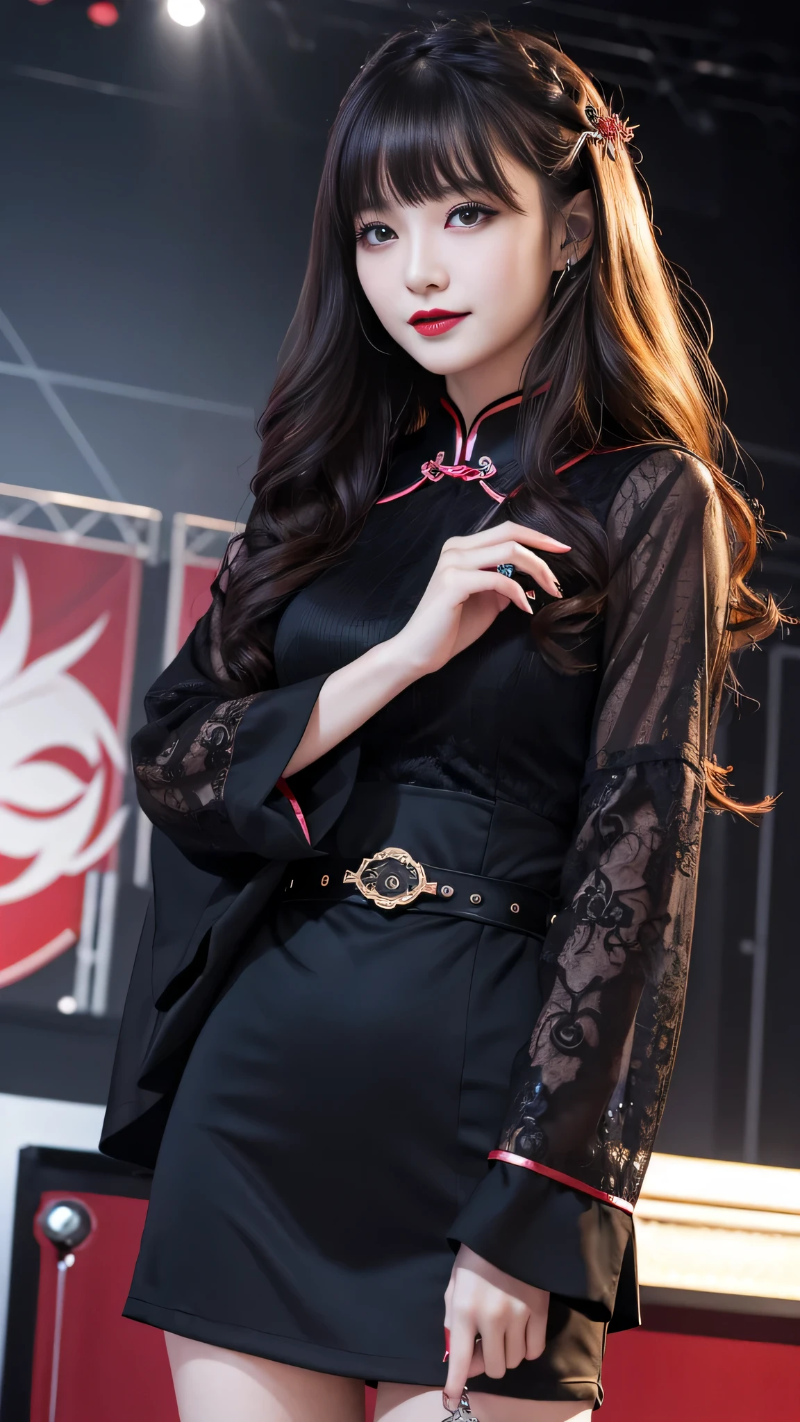 Super detailed、Japanese、charming beauty、seductive adult woman、Beautiful woman、sharp eyes、cool girl、wavy hair、flowing bangs、long black cheongsam、wide sleeve、evilの幹部、evil depravity、brainwashing、Mind control、apply lipstick、grin、evilな表情、evil、empty eyes、evil、stage、vampire、vampire、hypnosiedesin 