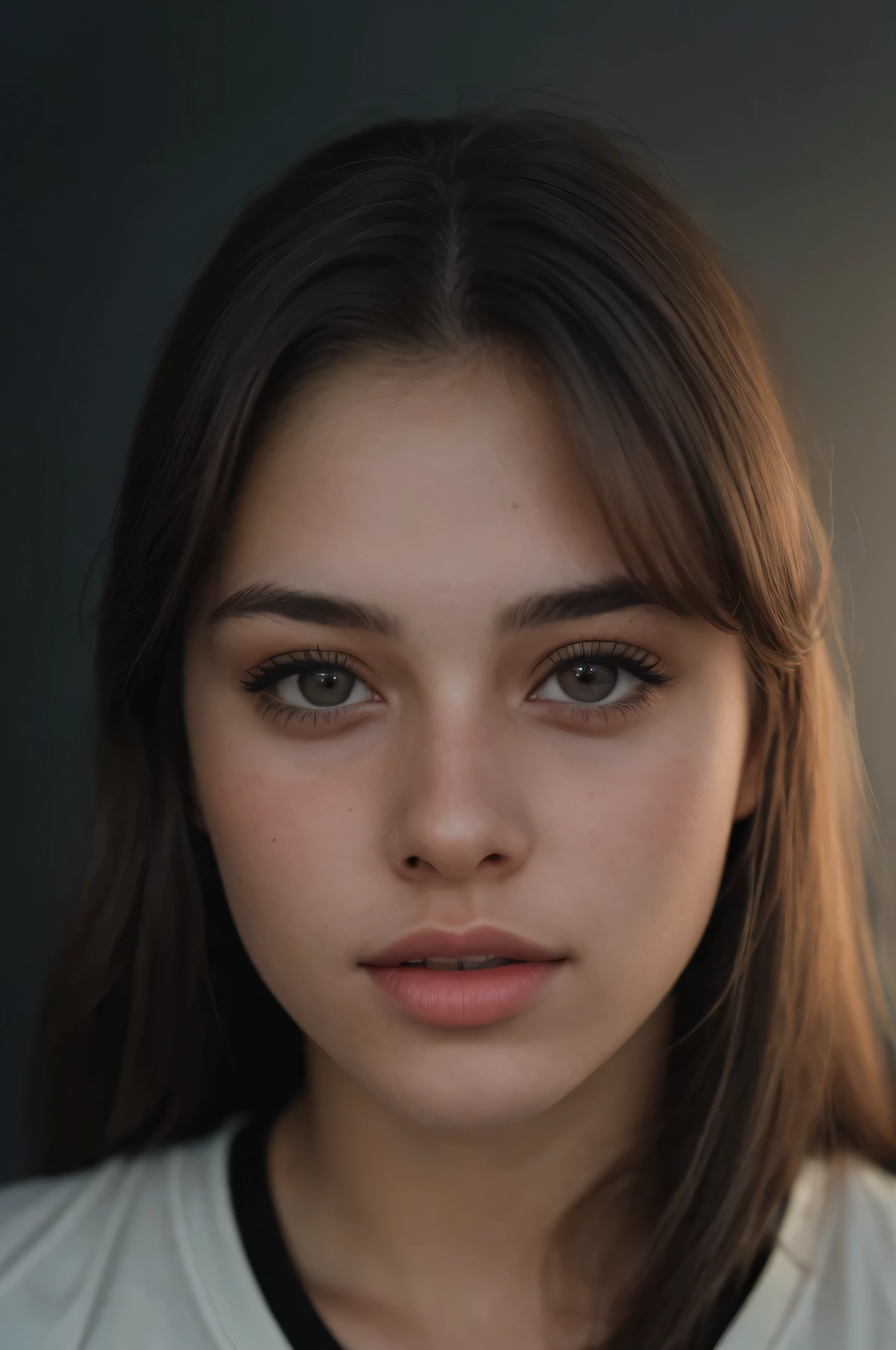 (close-up, editorial photograph of a 21 year old woman), (highly detailed face:1.4) (smile:0.7) (background inside dark, moody, private study:1.3) POV, by lee jeffries, nikon d850, film stock photograph ,4 kodak portra 400 ,camera f1.6 lens ,rich colors ,hyper realistic ,lifelike texture, dramatic lighting , cinestill 800,