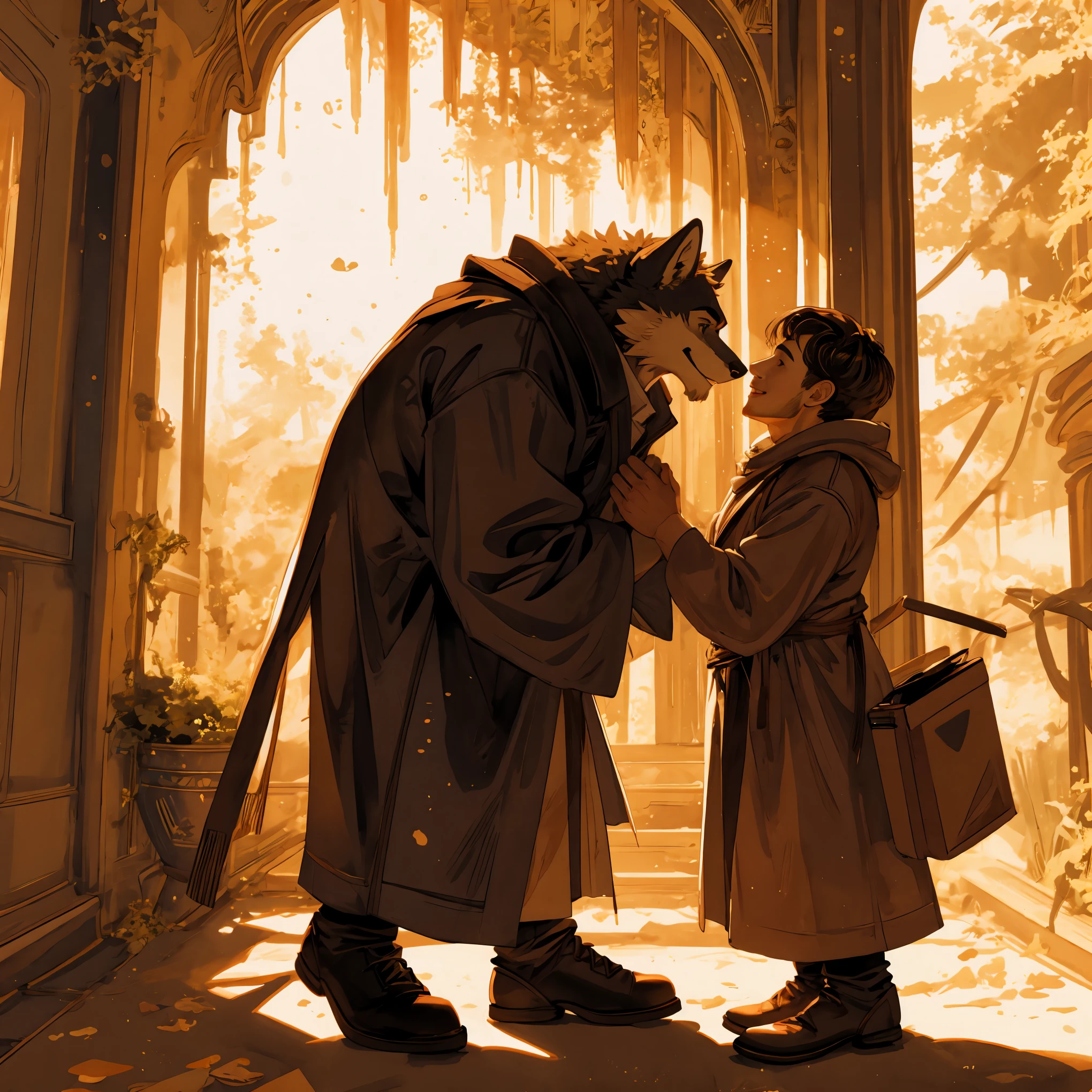 watercolor, soft color, Vintage images, highres, unparalleled masterpiece, absurdres, love story of human  girl and giant Werewolf, love romance, Detectives and assistants, family photograph, pair, Height difference, Physical difference, perfect anatomy, smile, joyful, play with, smile, happy, watercolor,