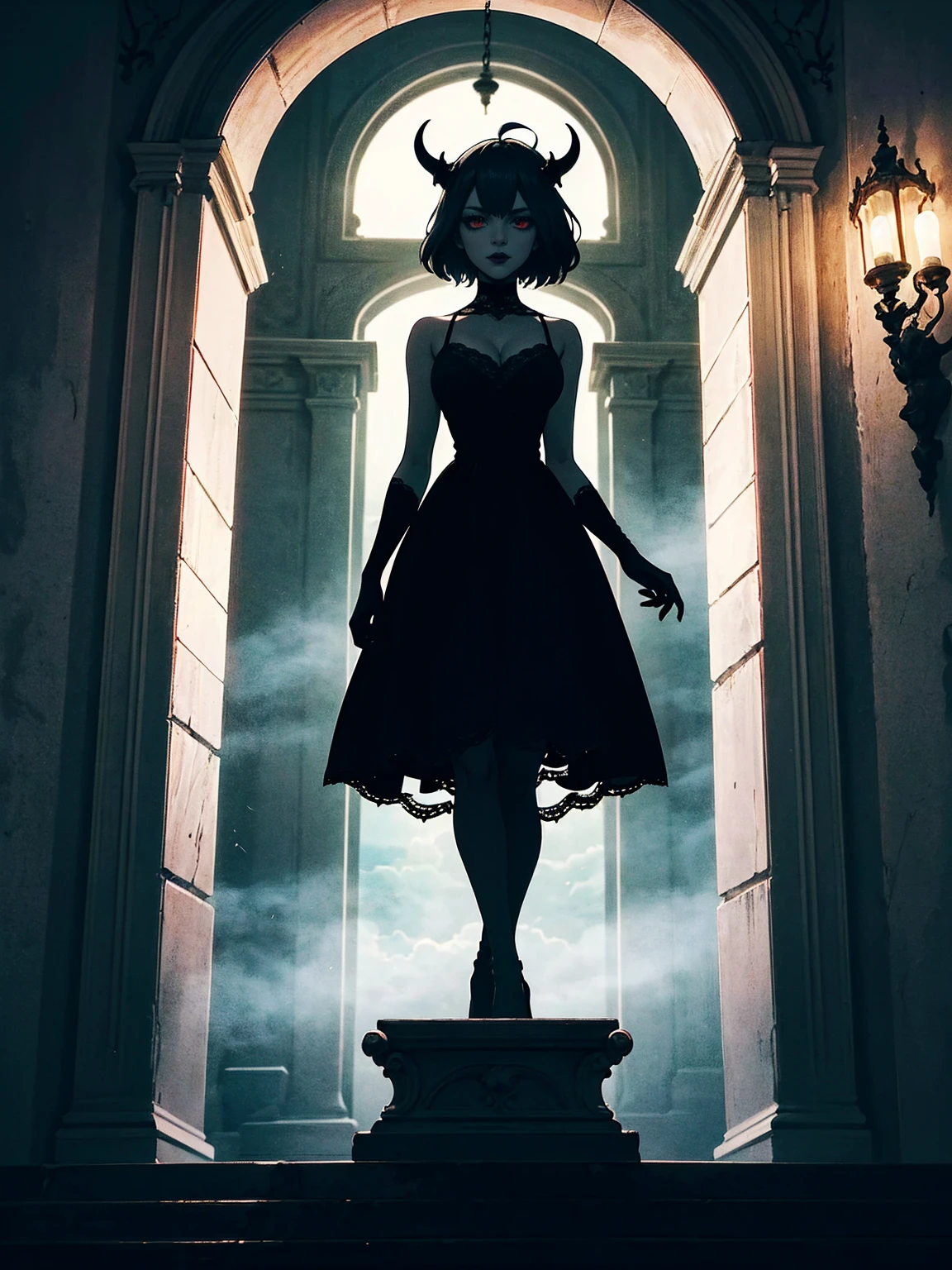 (masterpiece, best quality), intricate details, 1girl, solo, Nero, black hair, short hair, ahoge, red eyes, horns, outdoors, tank top dress, black dress, cleavage, expressionless, looking at viewer,, ((close, solo, 1woman, pink lipstick, Extremely detailed, ambient soft lighting, 4k, perfect eyes, a perfect face, perfect lighting, a 1girl)), (shy, highest quality, masterpiece:1.2), High-definition RAW color photo, Professional, cinematic light, gothic aesthetics, horror, eerie atmosphere, dark shadow, unforgettably beautiful, creepy landscape, gothic architecture, eerie atmosphere, decaying ruins, foggy fog, dramatic lighting, dark color, creepy details, (beautiful woman, Flowing Black Dress, haunted house, cute presence, gothic fashion, lace and velvet, dark red dress and vclack), eerie storm clouds, Moonlight night, supernatural being, eerie shadow, gothic charm, romantic rose in a dark corner, Bright red roses, creeping vine, dripping candle, Secret Whispers、delicate carvings, Ancient curses, thunder and lightning, creepy fog and crows, medieval atmosphere, spiderweb, gorgeous chandelier、Gargoyle - decorated roof, bleeding statue, sublime beauty, gothic aesthetic