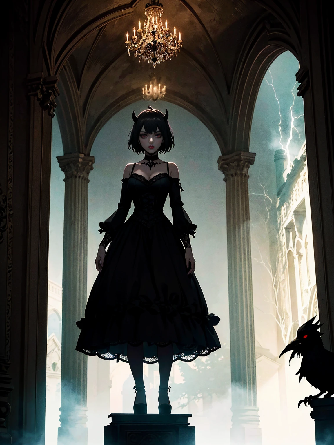 (masterpiece, best quality), intricate details, 1girl, solo, Nero, black hair, short hair, ahoge, red eyes, horns, outdoors, tank top dress, black dress, cleavage, expressionless, looking at viewer,, ((close, solo, 1woman, pink lipstick, Extremely detailed, ambient soft lighting, 4k, perfect eyes, a perfect face, perfect lighting, a 1girl)), (shy, highest quality, masterpiece:1.2), High-definition RAW color photo, Professional, cinematic light, gothic aesthetics, horror, eerie atmosphere, dark shadow, unforgettably beautiful, creepy landscape, gothic architecture, eerie atmosphere, decaying ruins, foggy fog, dramatic lighting, dark color, creepy details, (beautiful woman, Flowing Black Dress, haunted house, cute presence, gothic fashion, lace and velvet, dark red dress and vclack), eerie storm clouds, Moonlight night, supernatural being, eerie shadow, gothic charm, romantic rose in a dark corner, Bright red roses, creeping vine, dripping candle, Secret Whispers、delicate carvings, Ancient curses, thunder and lightning, creepy fog and crows, medieval atmosphere, spiderweb, gorgeous chandelier、Gargoyle - decorated roof, bleeding statue, sublime beauty, gothic aesthetic