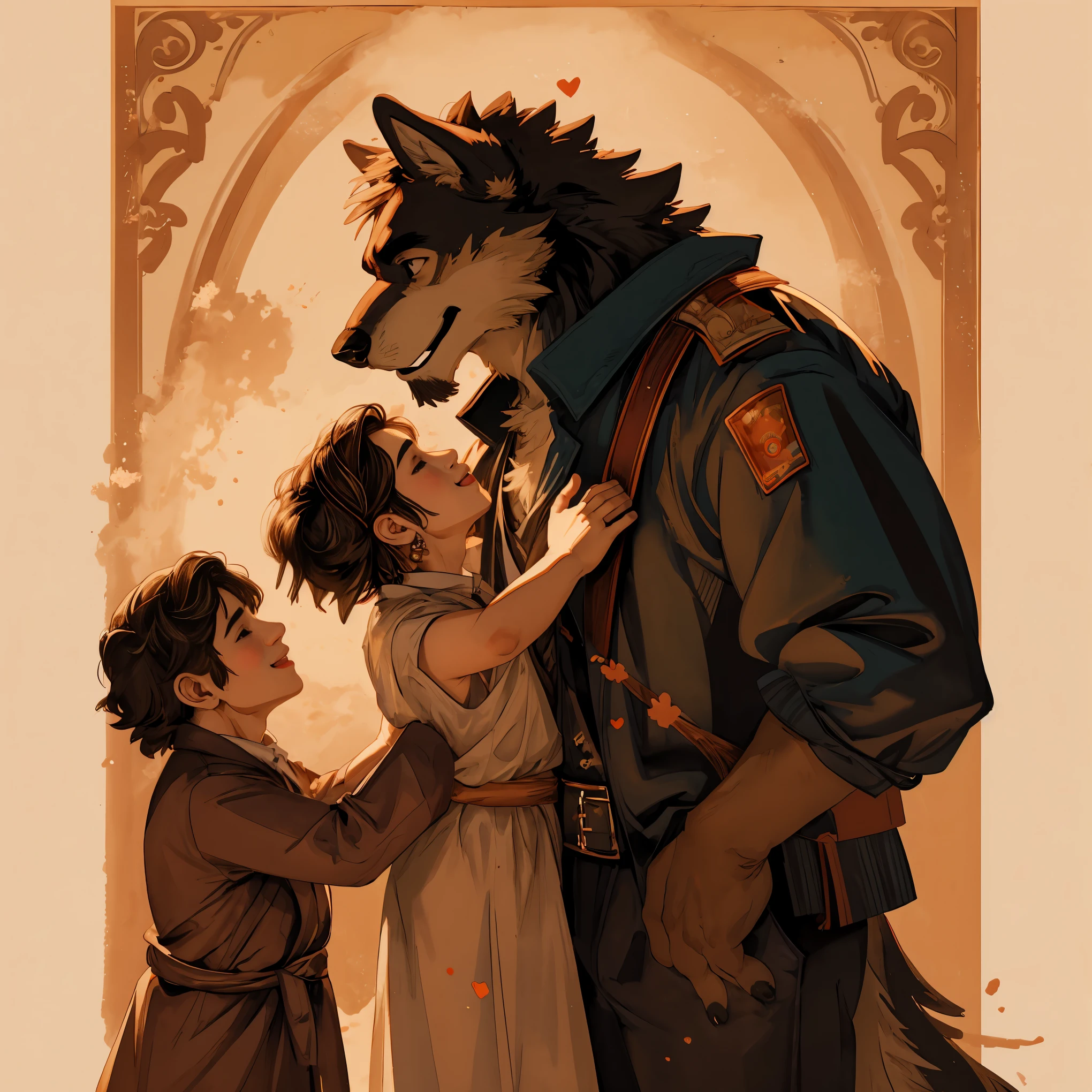 watercolor, soft color, Vintage images, highres, unparalleled masterpiece, absurdres, love story of human girl and giant Werewolf, love romance, Detectives and assistants, family photograph, pair, Height difference, Physical difference, perfect anatomy, smile, joyful, play with, smile, happy, watercolor,