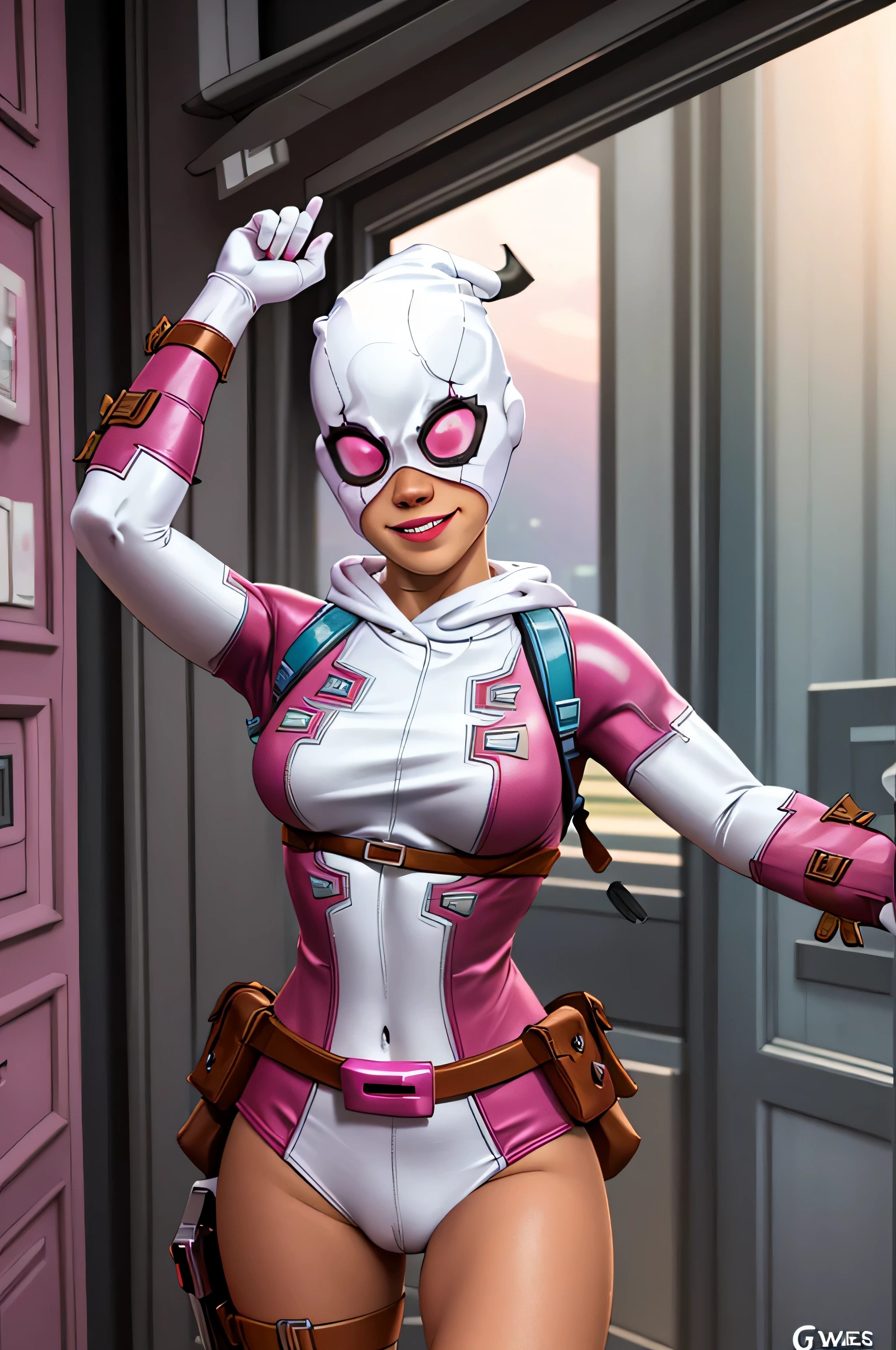 (((tiro de vaqueiro))), (((uma gwenpool))), (((uma mulher ultra detalhada e sexy))),, Sozinho, na frente do fundo do universo DC, olhos detalhados, Olhos realistas, olhos altamente detalhados, hyper olhos detalhados, Long eyelashes, grande meio sorriso, (com sardas), (rosto corado:1.2), (((tight bra))), pantyhose, Cinematic lighting, detalhes intrincados, altamente detalhado, (ultra detalhado), hiperdetalhado, Ultra HD, (hdr), 8K,