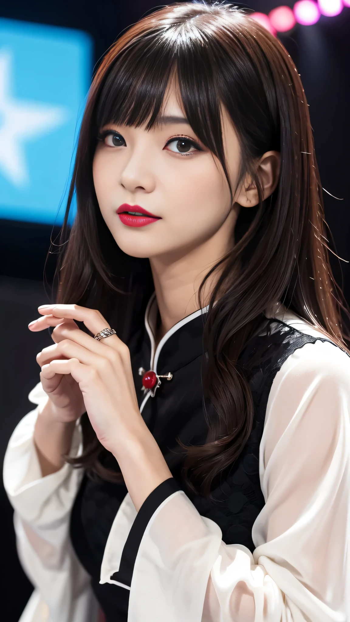 Super detailed、Japanese、charming beauty、seductive adult woman、Beautiful woman、sharp eyes、cool girl、wavy hair、flowing bangs、long black cheongsam、wide sleeve、evilの幹部、evil depravity、brainwashing、Mind control、apply lipstick、grin、evilな表情、evil、empty eyes、evil、stage、vampire、vampire、hypnosisin capsule